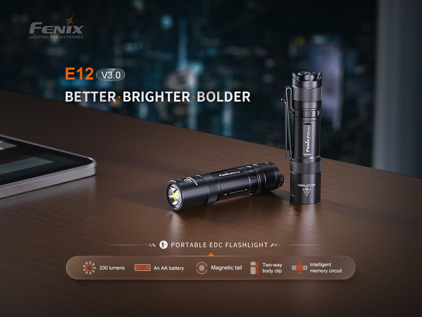 Fenix E12 V3.0 Flashlight, 200 Lumen EDC Penlight, Anodized Aluminum, Black, 1xAA Battery