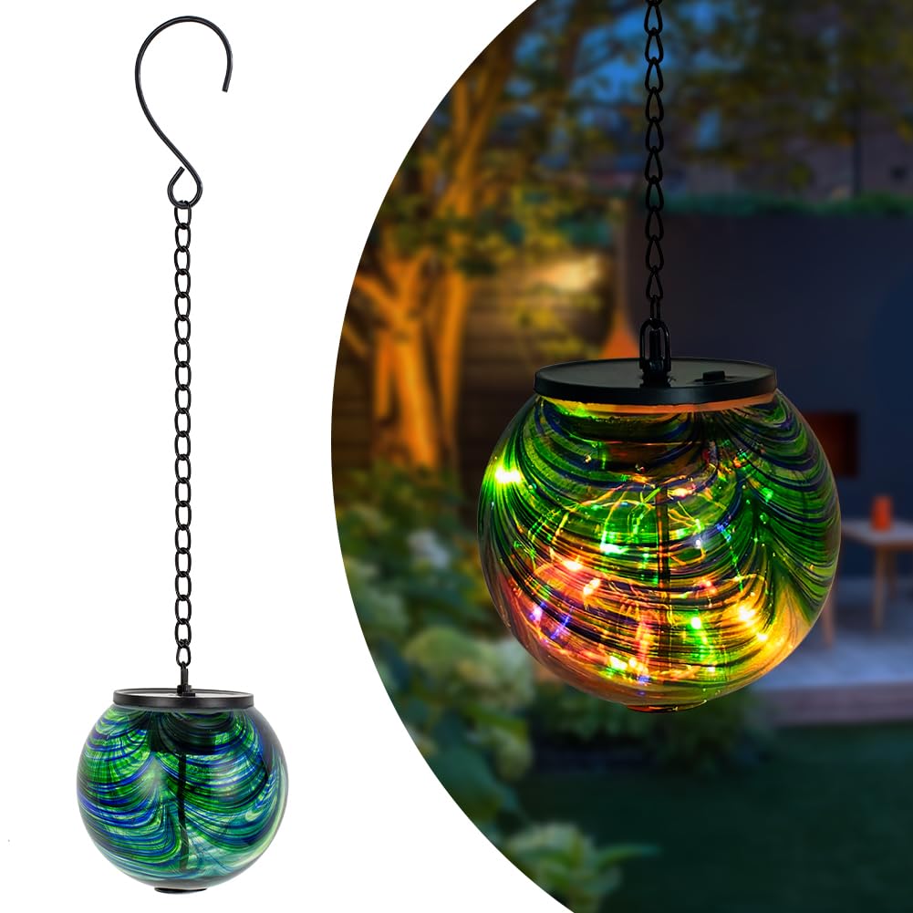 VEWOGIFT Solar Hanging Lanterns Outdoor  Waterproof Solar Gazing Ball Lights  Color Changing Led Glass Globe Lights for Garden Yard Tree Party Decor  Green Swirl