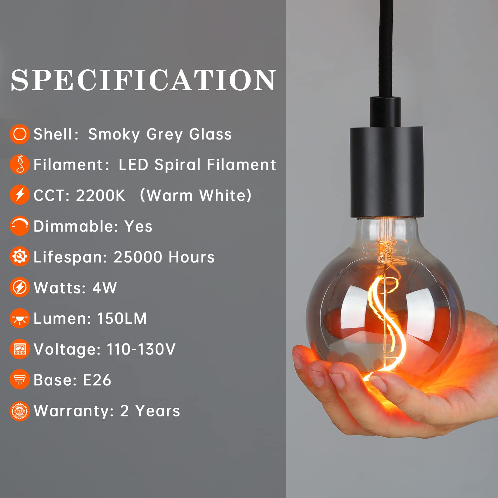 Omed G95/G30 Smoke Grey Large Globe Led Edison Bulbs 2 Pack, 4W 2200K Dimmable Warm White Round Edison Bulbs 40 Watt Equal, Vint