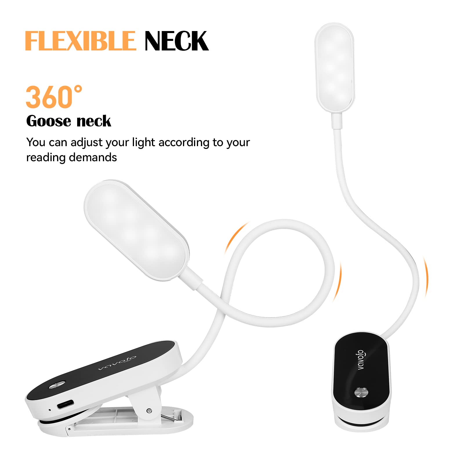 VAVOFO Rechargeable Book Light, 14 LEDs, Amber Reading Light, 9 Colors, 9 Brightness Levels, Model KM-6775, White and Black