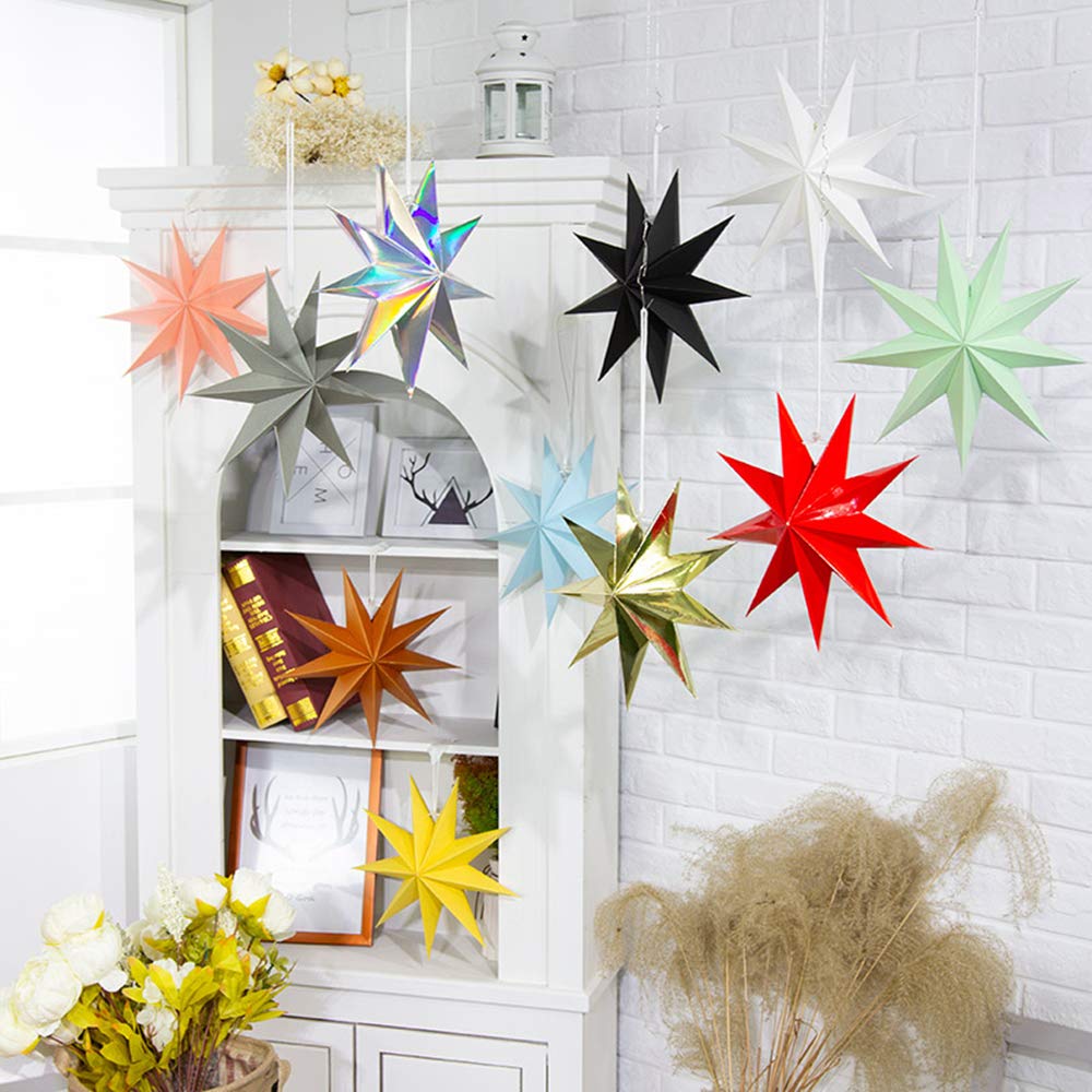 3 Pieces 3D 12'' Large Paper Star 9 Pointed Hanging Gold Paper Star Decorations For Weddings, Christmas Holiday, Kids Bedroom De