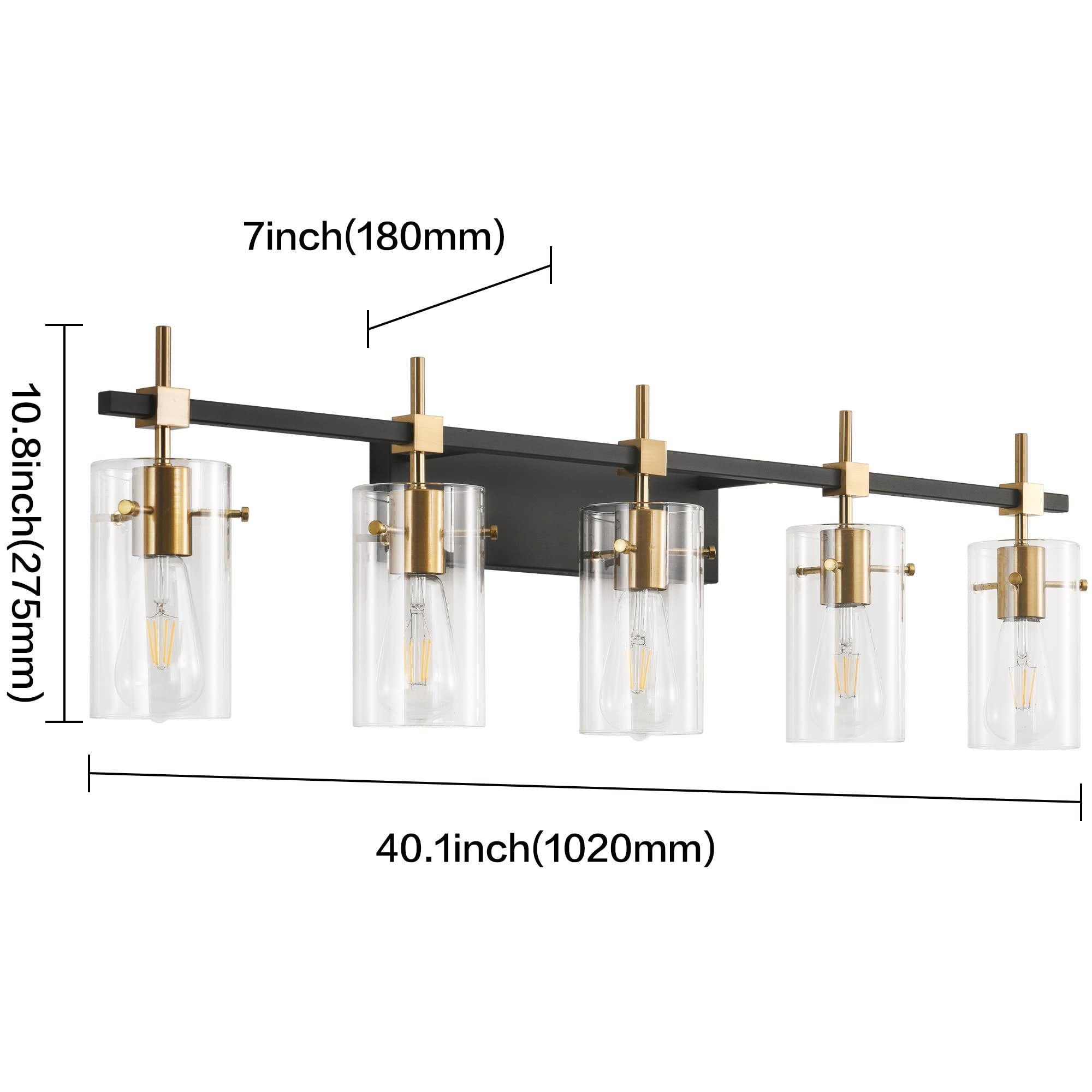 SOLFART Vintage Bronze Bathroom Vanity Light Fixture, 5 Lights, Glass Shade, Black & Golden, Model 7200-5
