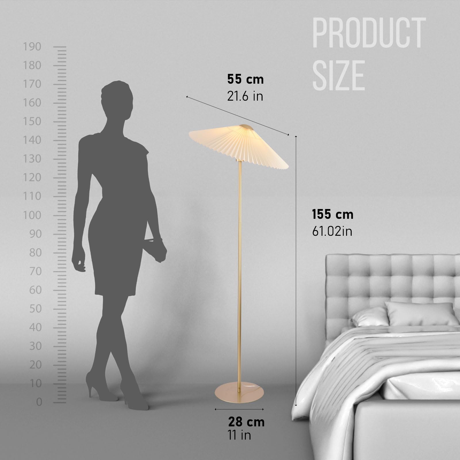 KUNJOULAM Pleated Floor Lamp, Fabric Lampshade, Tall Design, Gold, Model FL001