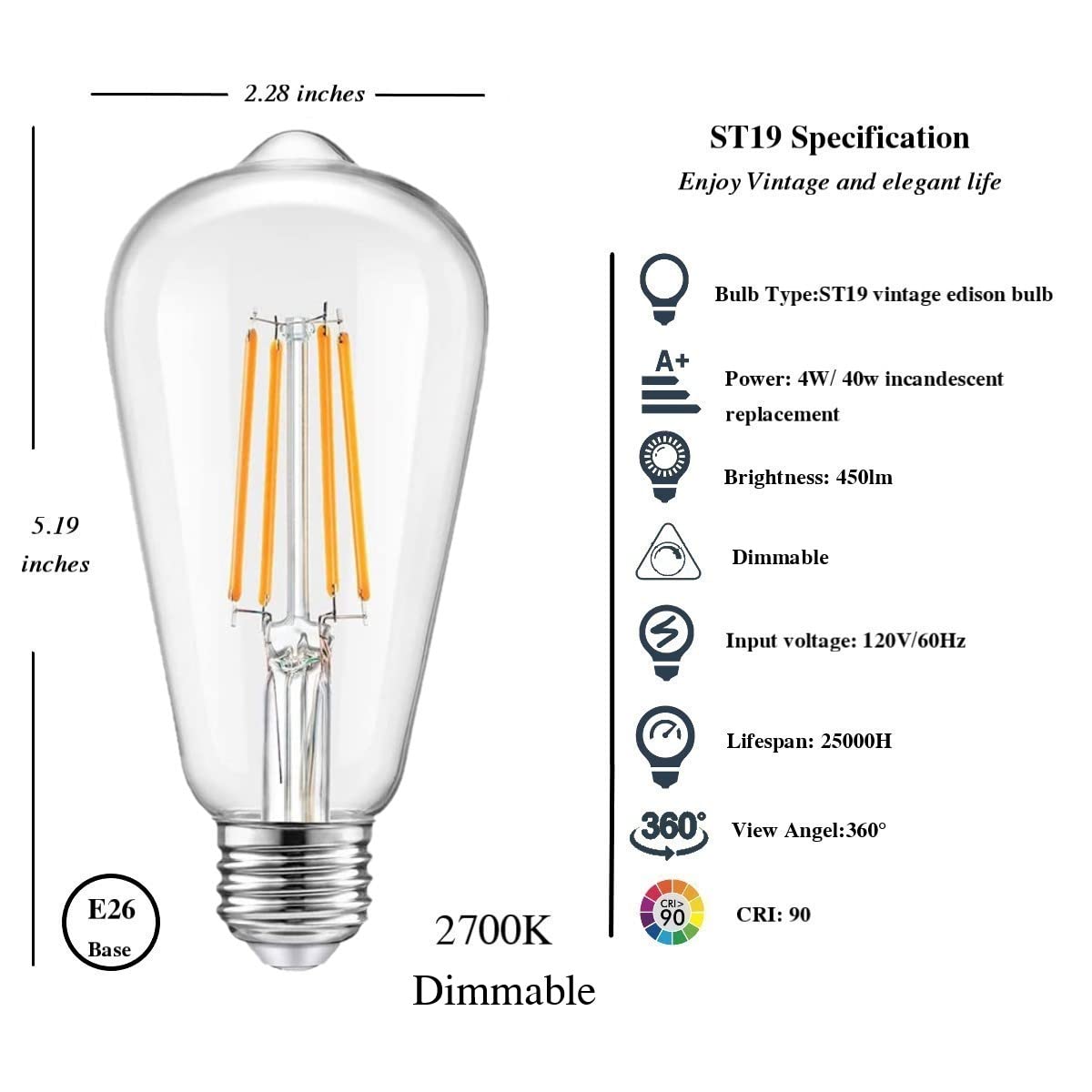 12 Pack Dimmable Led Edison Bulbs 40W Equivalent,4 Watt Led Filament Bulb,2700K Soft Warm St19 Light Bulb,450Lm E26 Vintage Led Bulbs For Ceiling Light Fixtures
