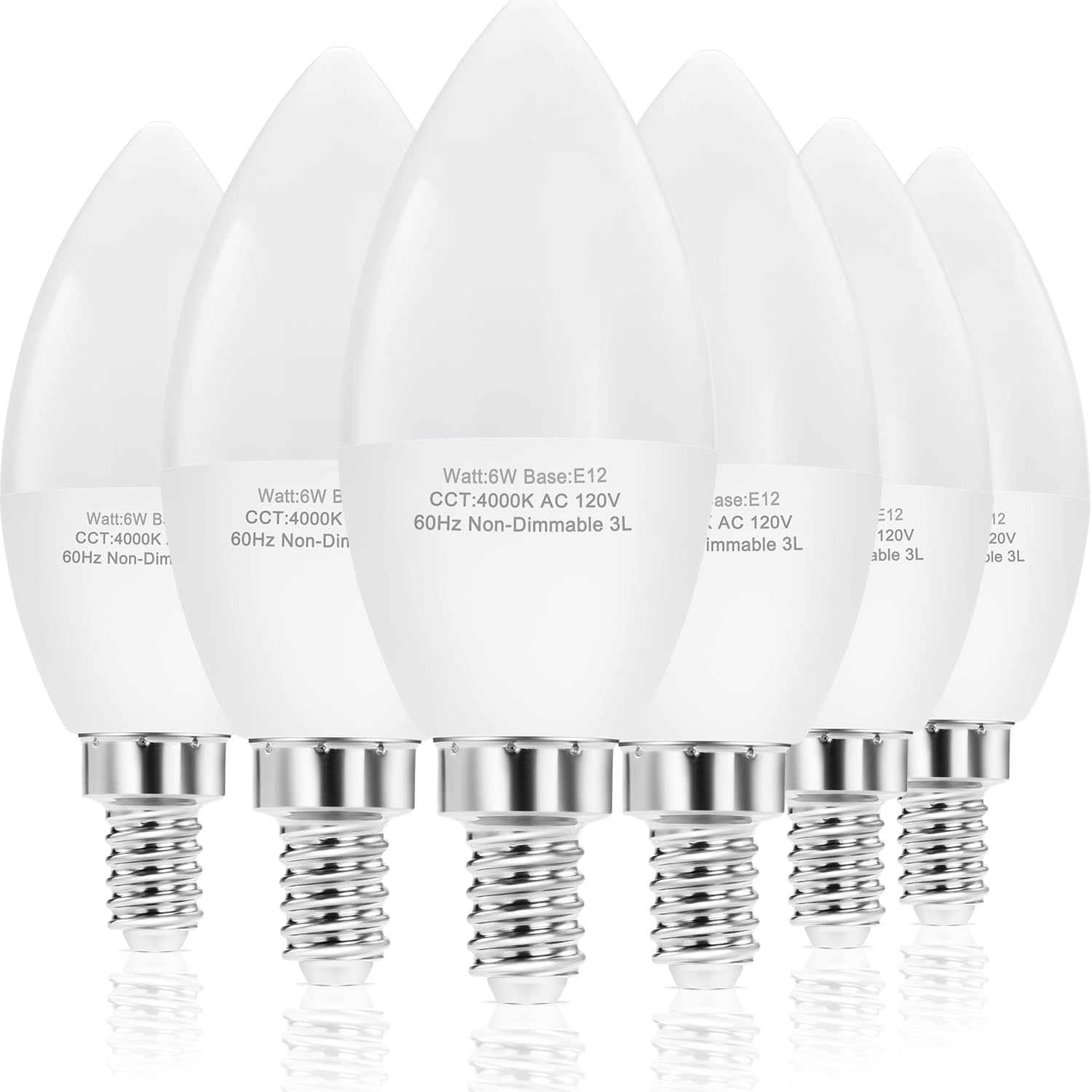 HengBo LED Candelabra Bulbs, 60W Equivalent, Daylight 4000K, Non-Dimmable, Pack of 6, C37 Candle Base, Plastic