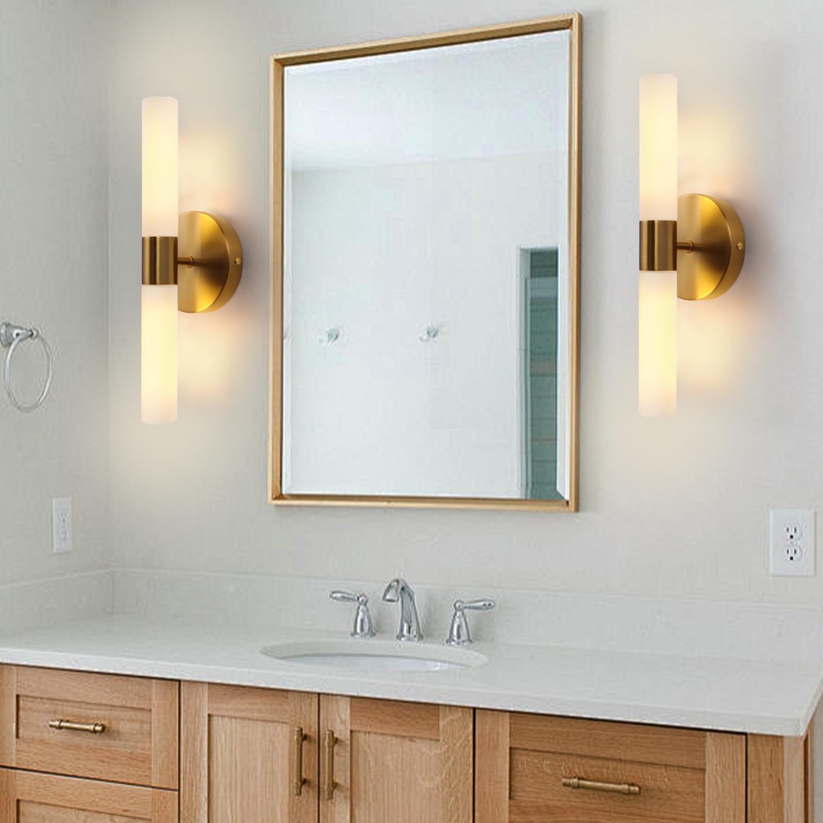 KUZZULL Wall Sconces Set of Two Modern Brushed Brass Gold Iron + White Glass 14in Bathroom Lighting