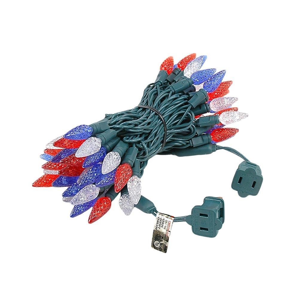 Novelty Lights C6 LED Christmas Mini Light Set, 70 Lights, Commercial Grade, 24 Feet, Red/White/Blue, Green Wire, Model CGC670-G-R/PW/B