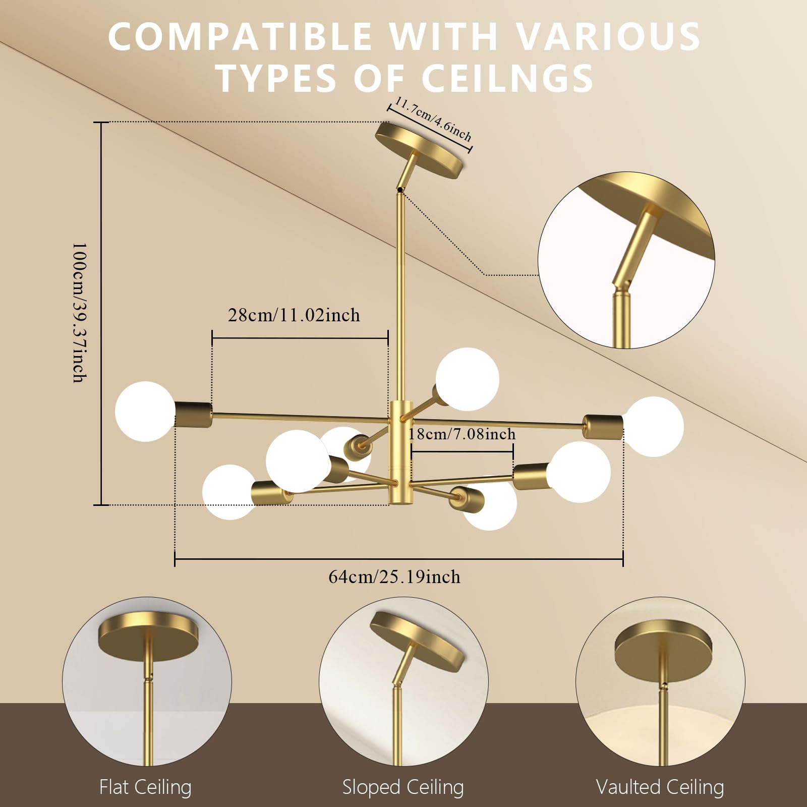 Eugitrains Gold Modern Sputnik Chandelier 8-Lights Mid Century Chandeliers Flush Mount Sputnik Lights Fixture For Dining Room, L