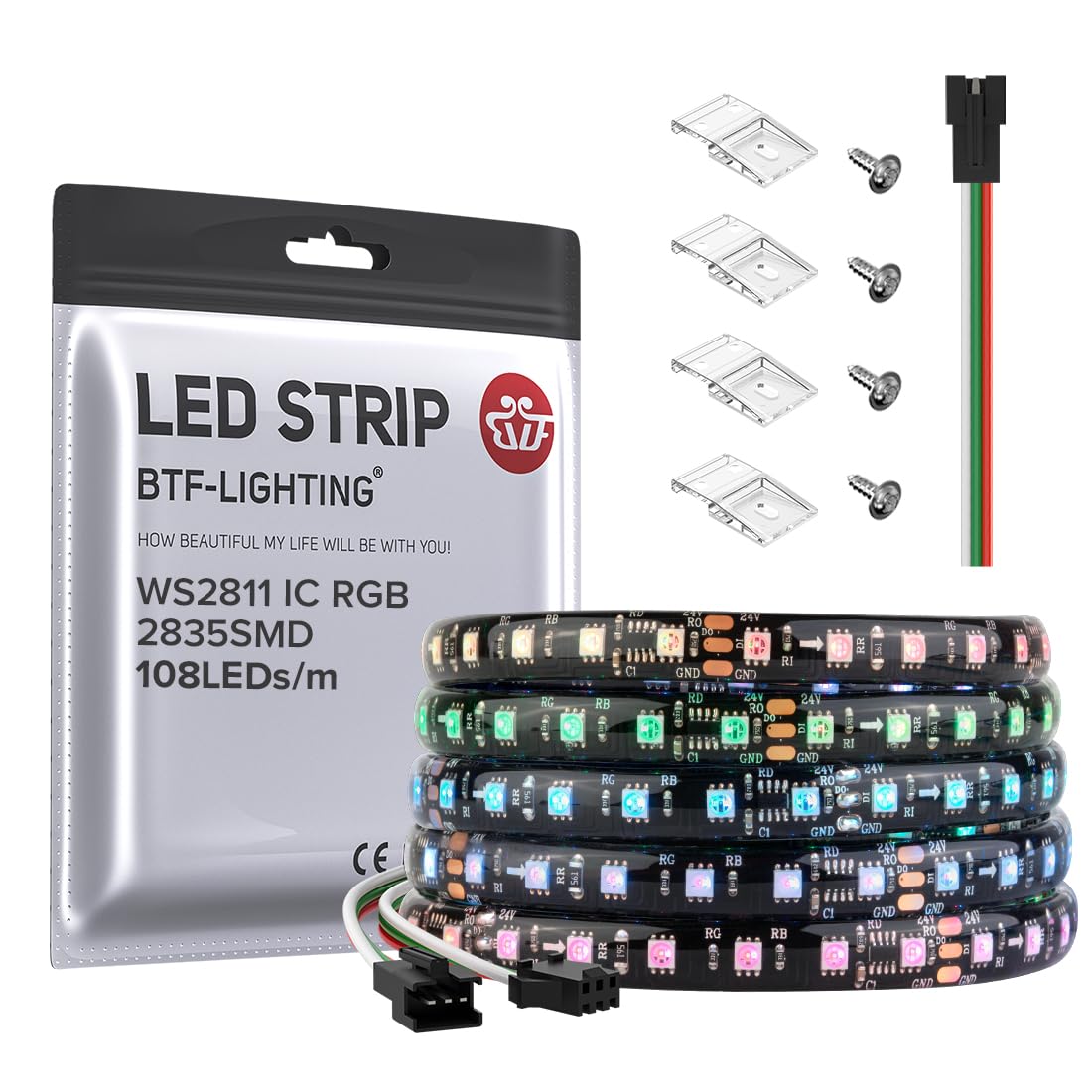 Btf-Lighting 2835Smd Ws2811 Ic Rgb Chasing Color Led Strip Light 16.4Ft Dc24V 108Led/M 18Pixels/M 8Mm Width Ip65 Flexible Addressable Strip For Indoor Decor (No Adapter Or Controller)