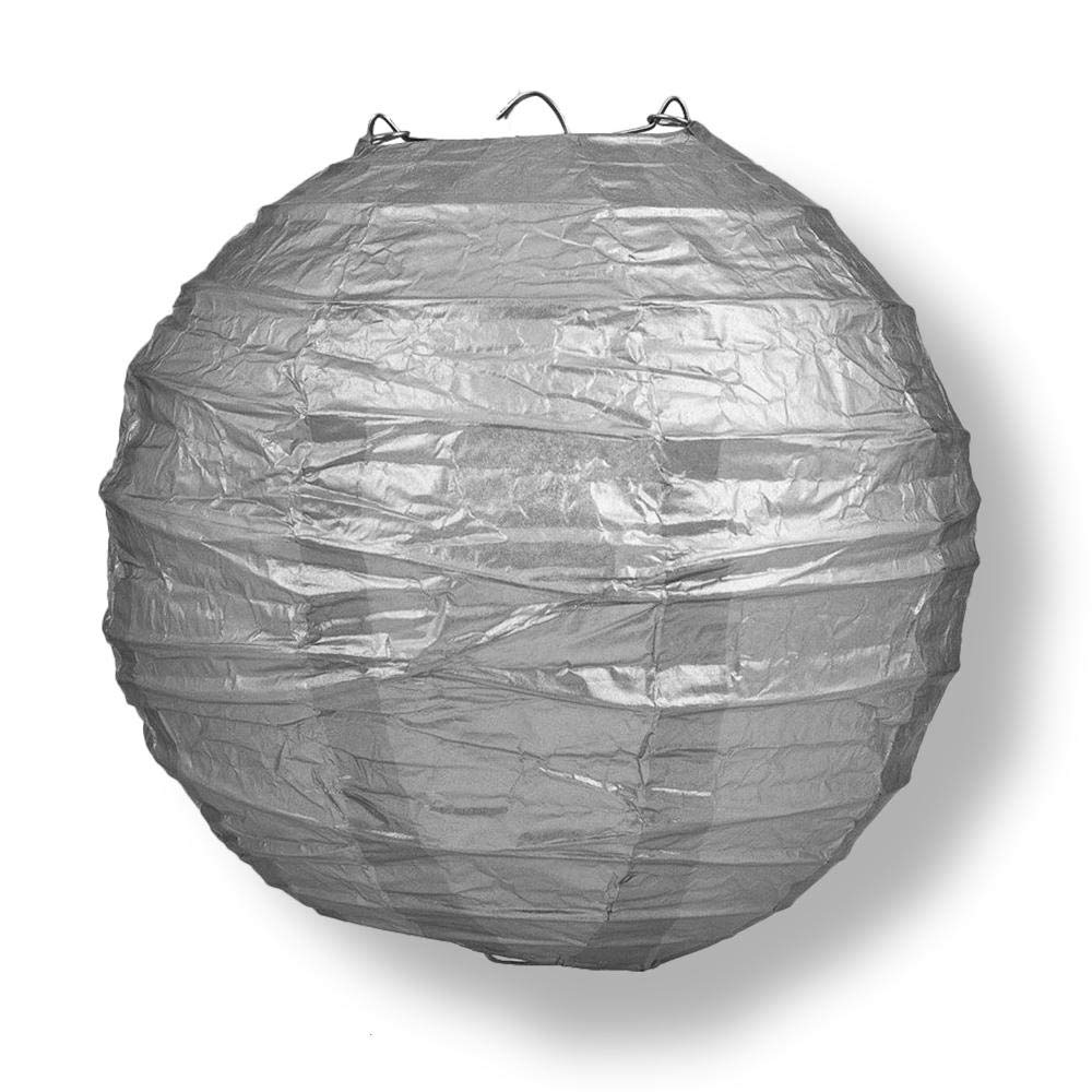 Quasimoon PaperLanternStore.com 24 Inch Silver Round Paper Lantern, Crisscross Ribbing, Hanging Decoration