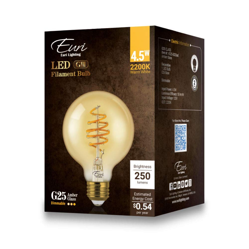 Euri Lighting Vg25-3020Ad, Dimmable Led G25 Filament, 4.5W, 250Lm, 80 Cri, Warm White (2200K), 320 Beam, E26, 120V, Amber Glass,
