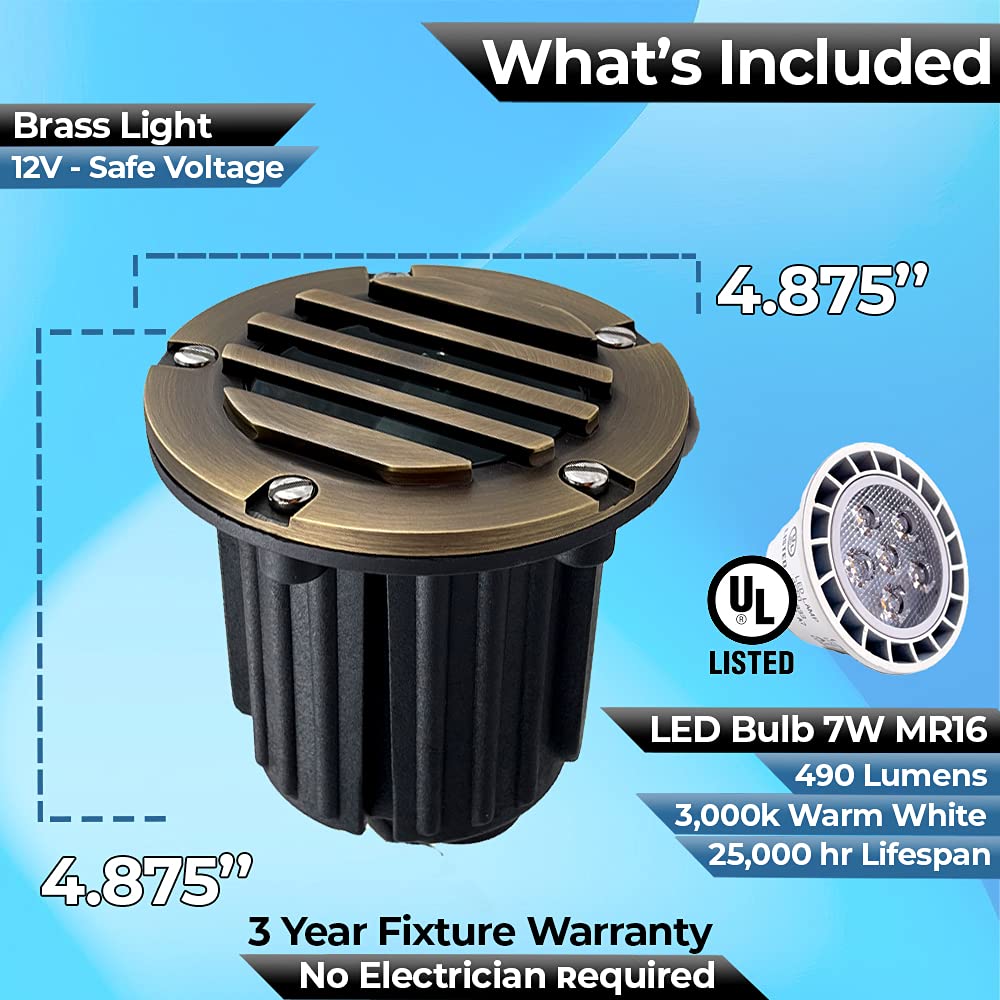 Led Spot Lights Outdoor Landscape Lighting Well Lights 112 - Solid Brass In Ground Light With 7W Led Bulb Security Landscape Lights For Bright Long Lasting Home Garden Patio Pool Area Deck Lighting