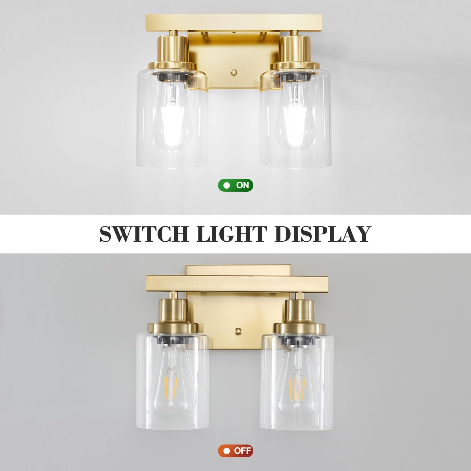 DIKAIDA 2-Light Vanity Lights, Brushed Gold Metal Bath Fixture with Clear Glass Shade, Model JS-2