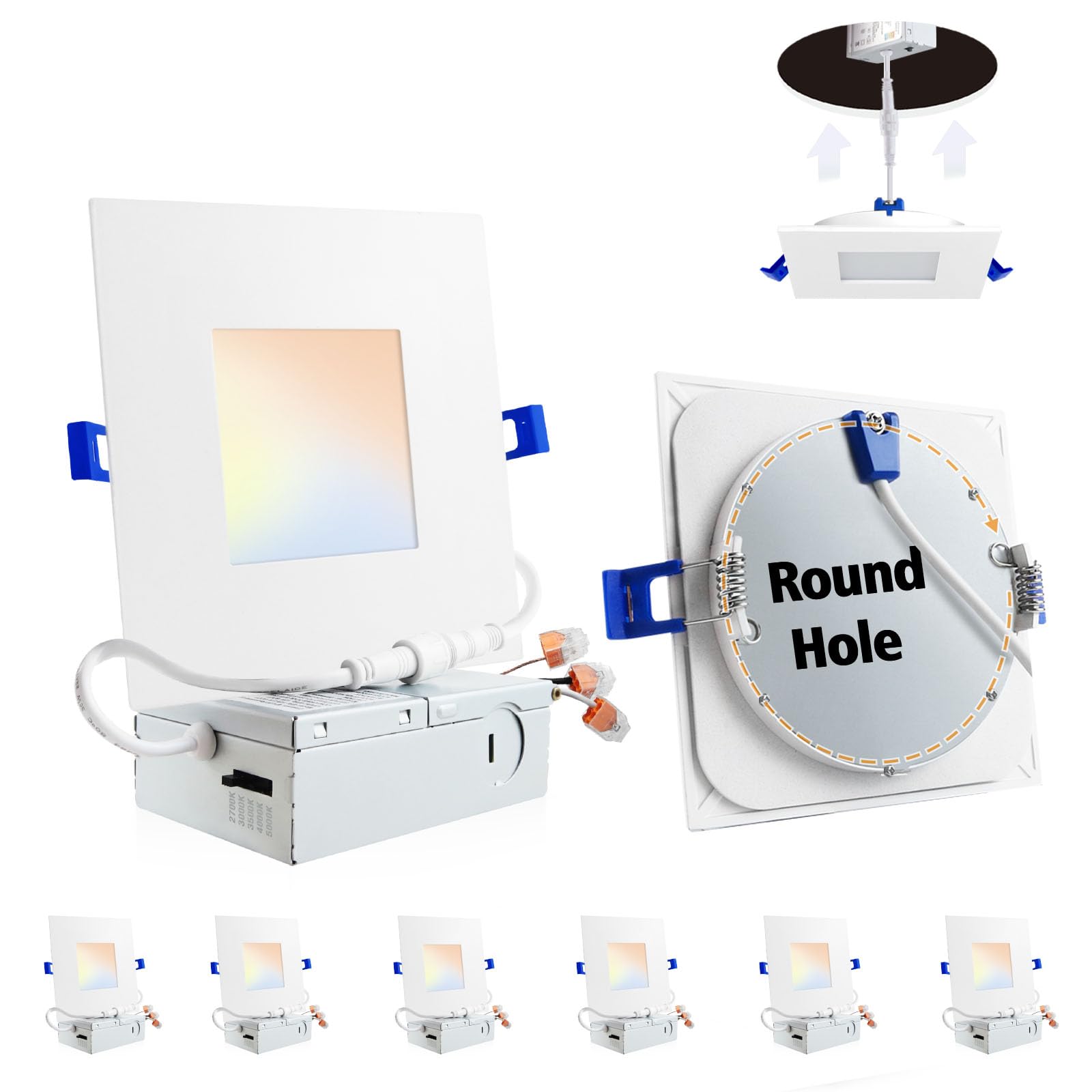 Adetu 4 Inch Square Led Recessed Lighting,6 Pack 5Cct Ultra Thin Square Led Ceiling Light With Junction Box,10W 860Lm,Cri90,2700K-5000K Selectable,Dimmable Canless Downlight,Etl And Energy Star