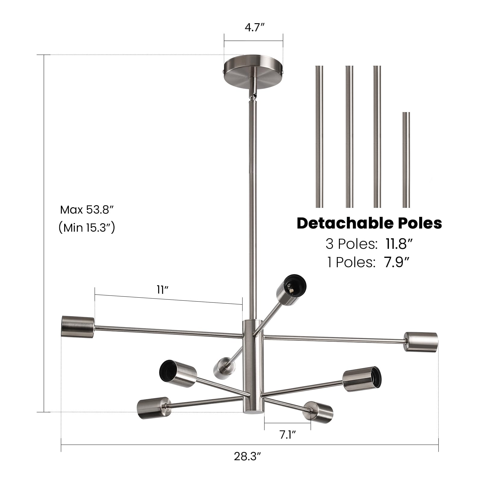 RUIYEY Modern Sputnik Chandelier, 8-Light Brushed Nickel Ceiling Light, Adjustable Pendant for Dining Room & Entryway