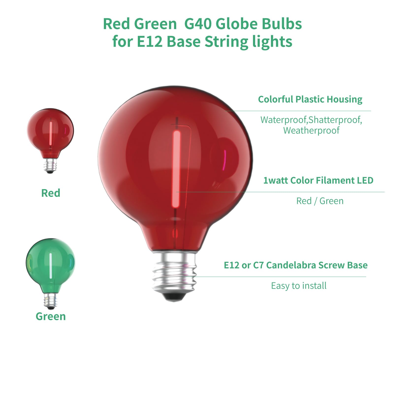 Meconard G40 LED String Light Bulbs, Shatterproof E12/C7, 1 Watt, 25 Pack, Red Green