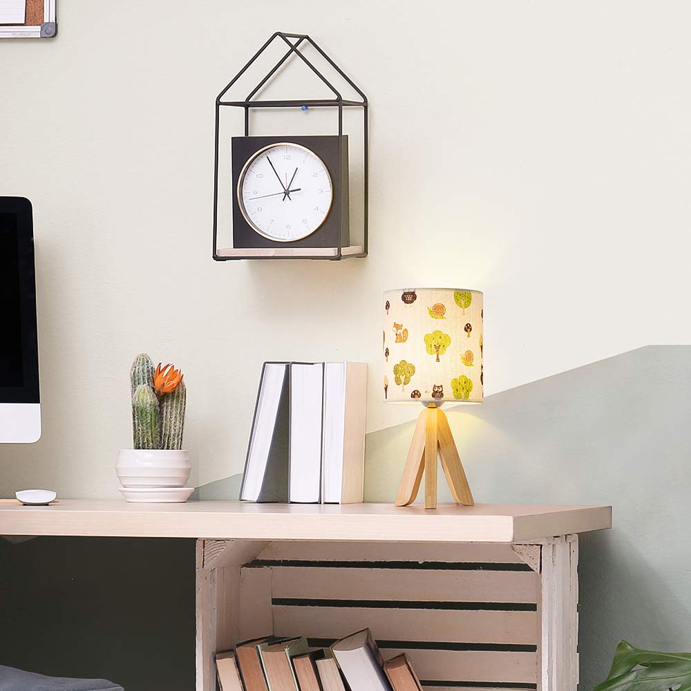 HAITRAL Tripod Table Lamp - Kids Nightstand Lamp with Cartoon Lampshade, Wood, Model ST1017-T1, Tree Color, Cartoon-1 Size