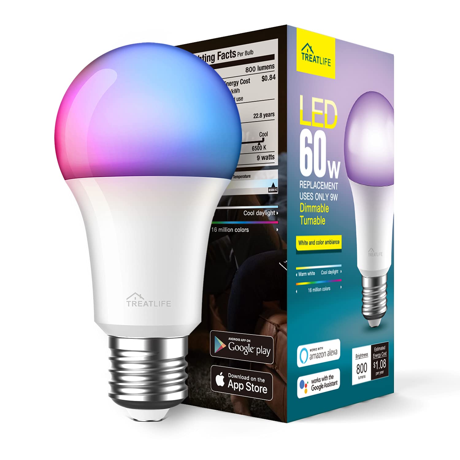 TREATLIFE Smart Light Bulb A19 LED WiFi Bluetooth Color Changing 800 Lumen UL Certified 1 Count Multicolor SL10-1