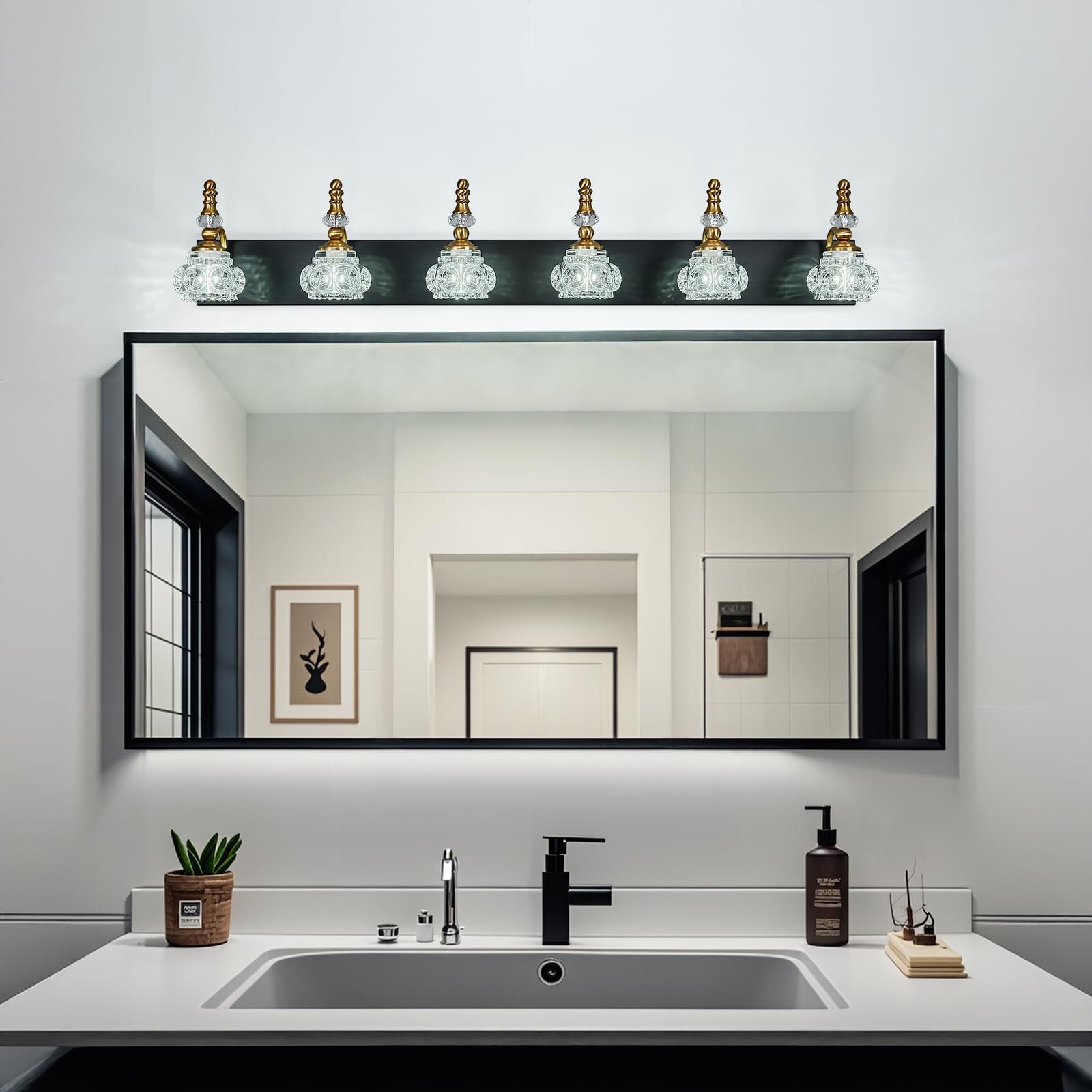 Lbsqj 6-Light Vintage Bathroom Vanity Light Fixture Industrial Black Gold With Glass Shade Vanity Light Fixtures Over Mirror Glass Bathroom Vanity Lighting Fixtures G9 Bulb Wall Lights