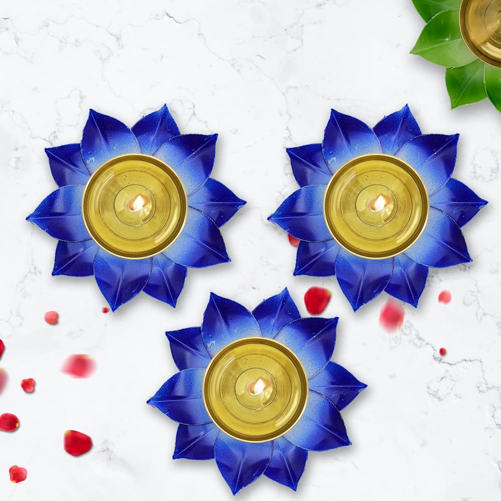 Dalvkot Blue Color Kamal Patta Lotus Design Brass Diyas Oil Lamps for Puja Room Decoration and Diwali Festival Pack of 3