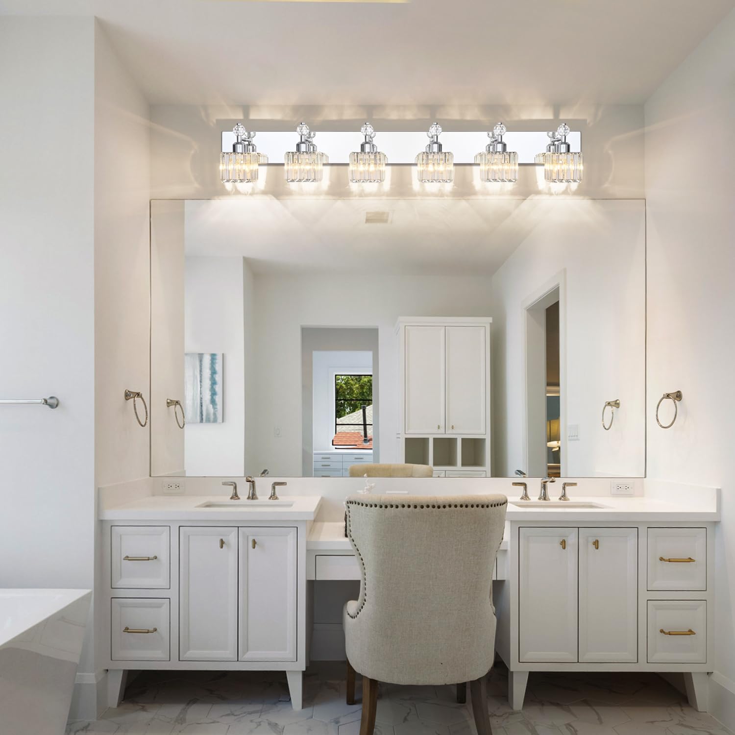 PRESDE 6-Light Chrome Modern Bath Vanity Light Wall Fixture - Stainless Steel, Crystal, Over Mirror