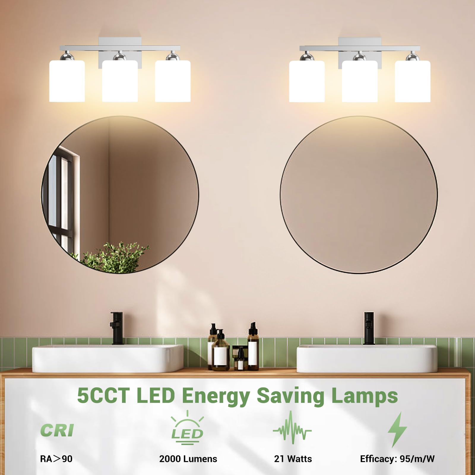 Quntis 3-Light LED Bathroom Vanity Light, Chrome & Milky White, Adjustable Colors, 18.9 inch, Model 9e5a3870-bf9c-4d