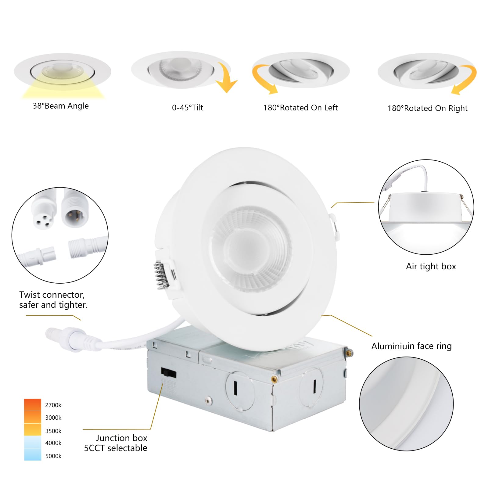 KnLnny Ware 4 Inch Adjustable Eyeball Gimbal LED Recessed Lights, 10 Pack, White Trim, 9W 750LM, 5 CCT Selectable, ET