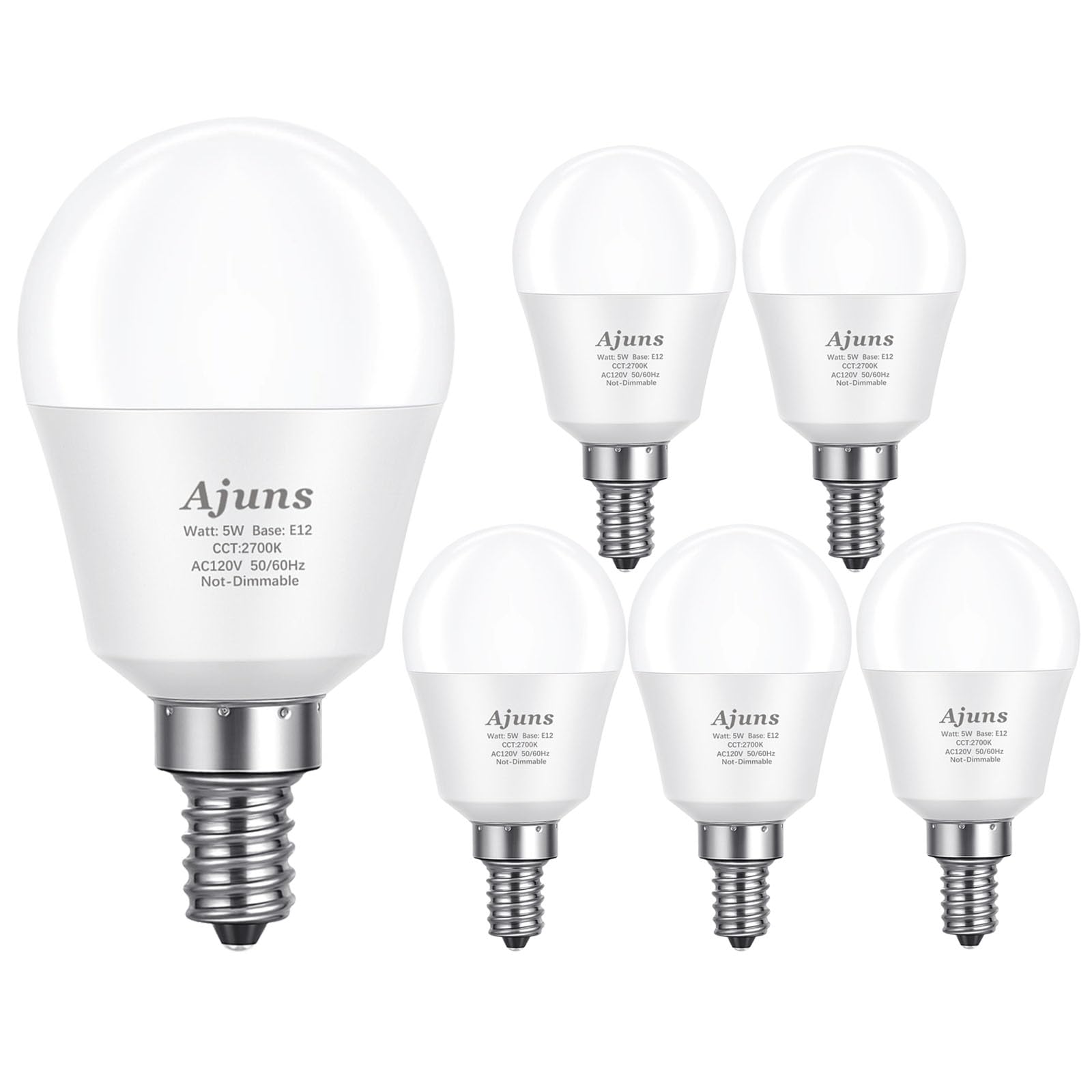 Ajuns 5W Led Bulbs 40W Equivalent E12 Base Warm White 2700K Non-Dimmable A15 Globe Shape, 6 Pack, 450 Lumen