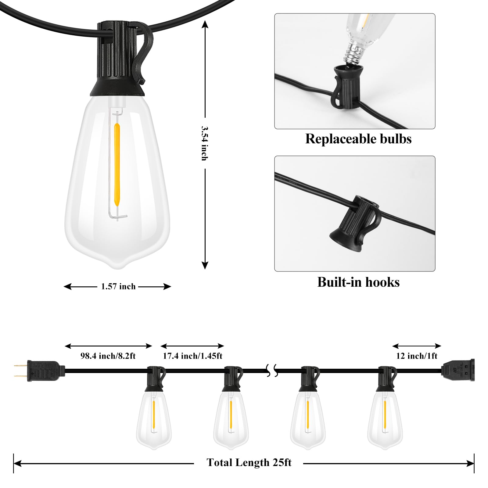 Brightever Outdoor String Lights, 25Ft Patio Lights With 13 St38 Led Edison Bulbs (1 Spare), Waterproof Connectable String Light