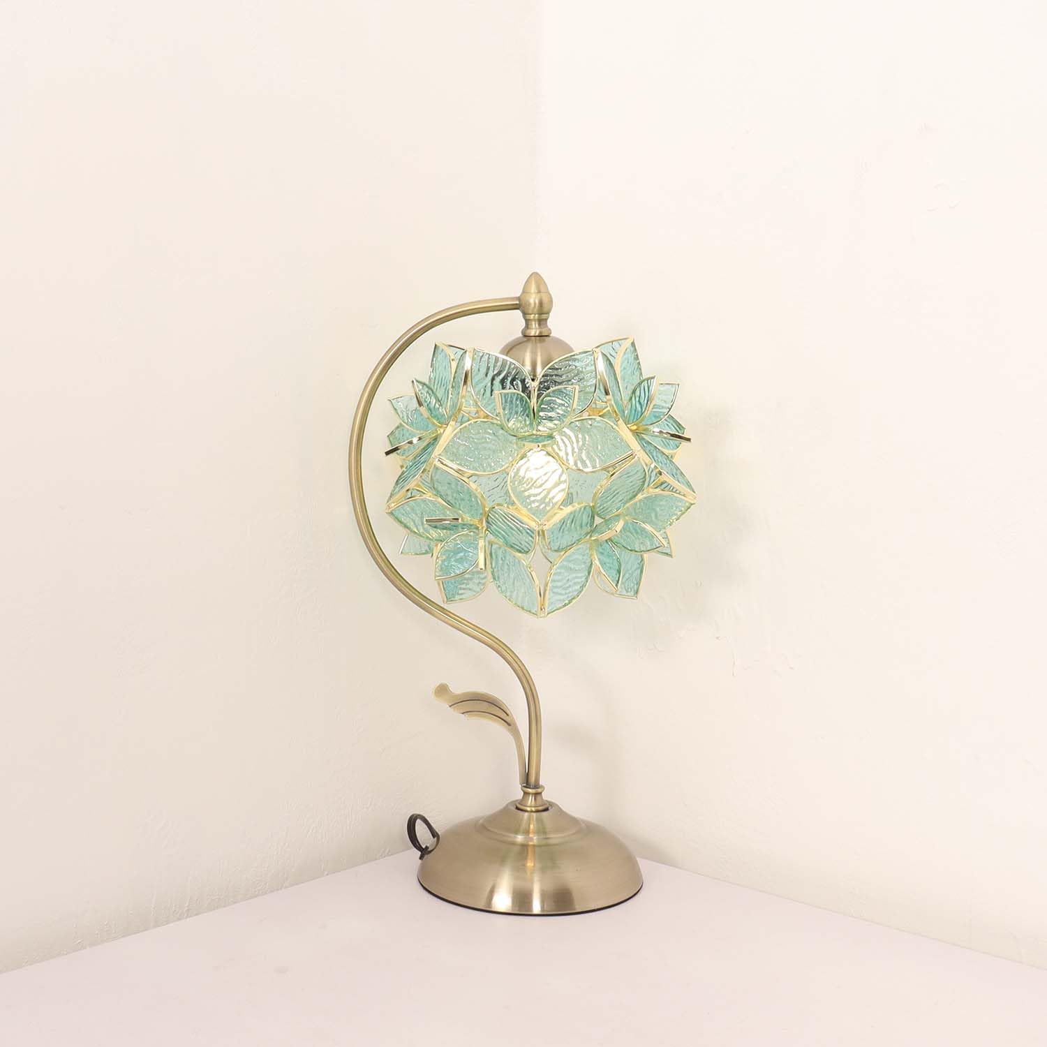 Bieye L10960 Tiffany Style Stained Glass Flower Petal Table Lamp With Brass Base For Home D  Cor (Light Blue, 8'' Rose Lily)