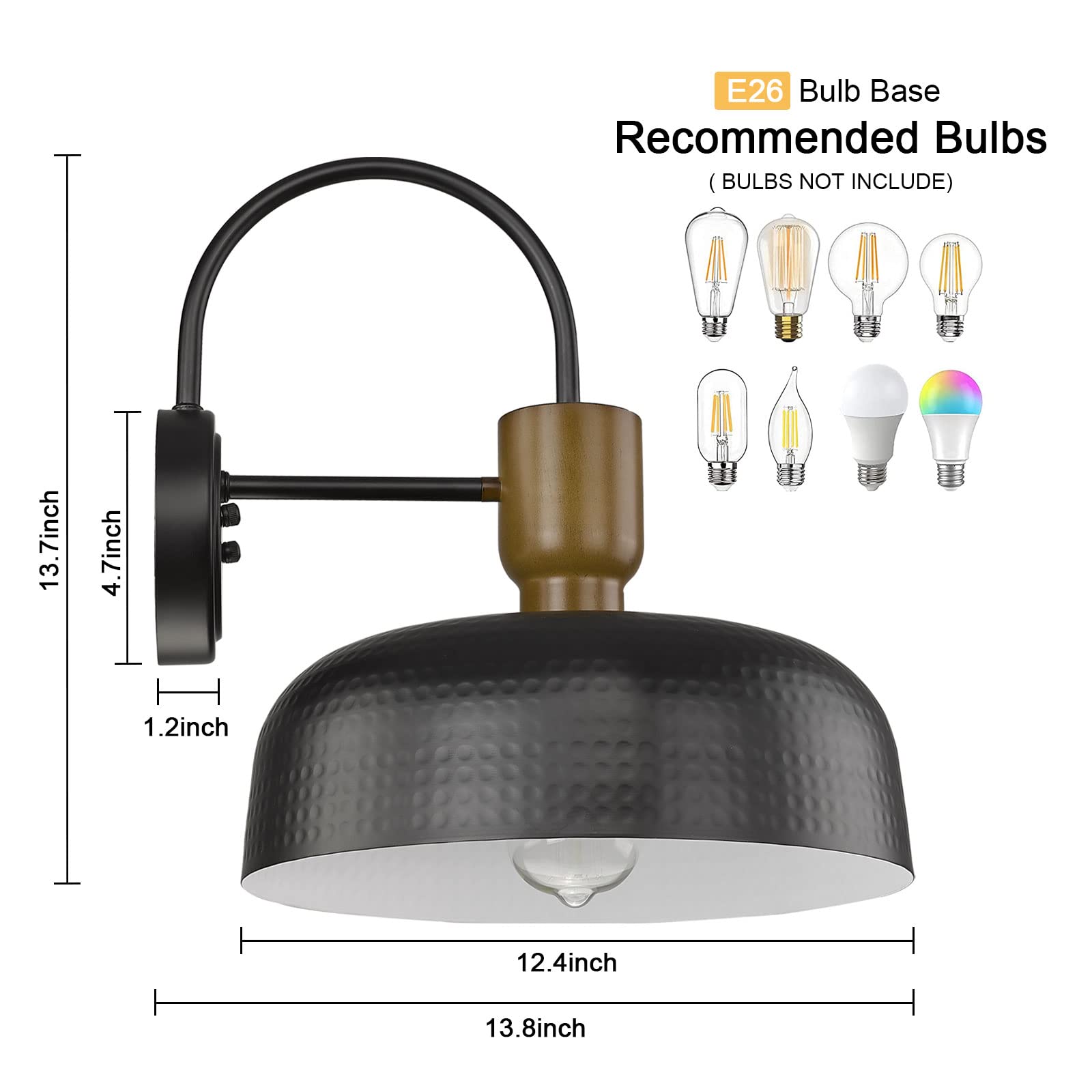 Luminzone Gooseneck Barn Light - Vintage Black Industrial Wall Lantern, Medium 12.4'', Model 7G3B BK, Perfect for Porch & Garage