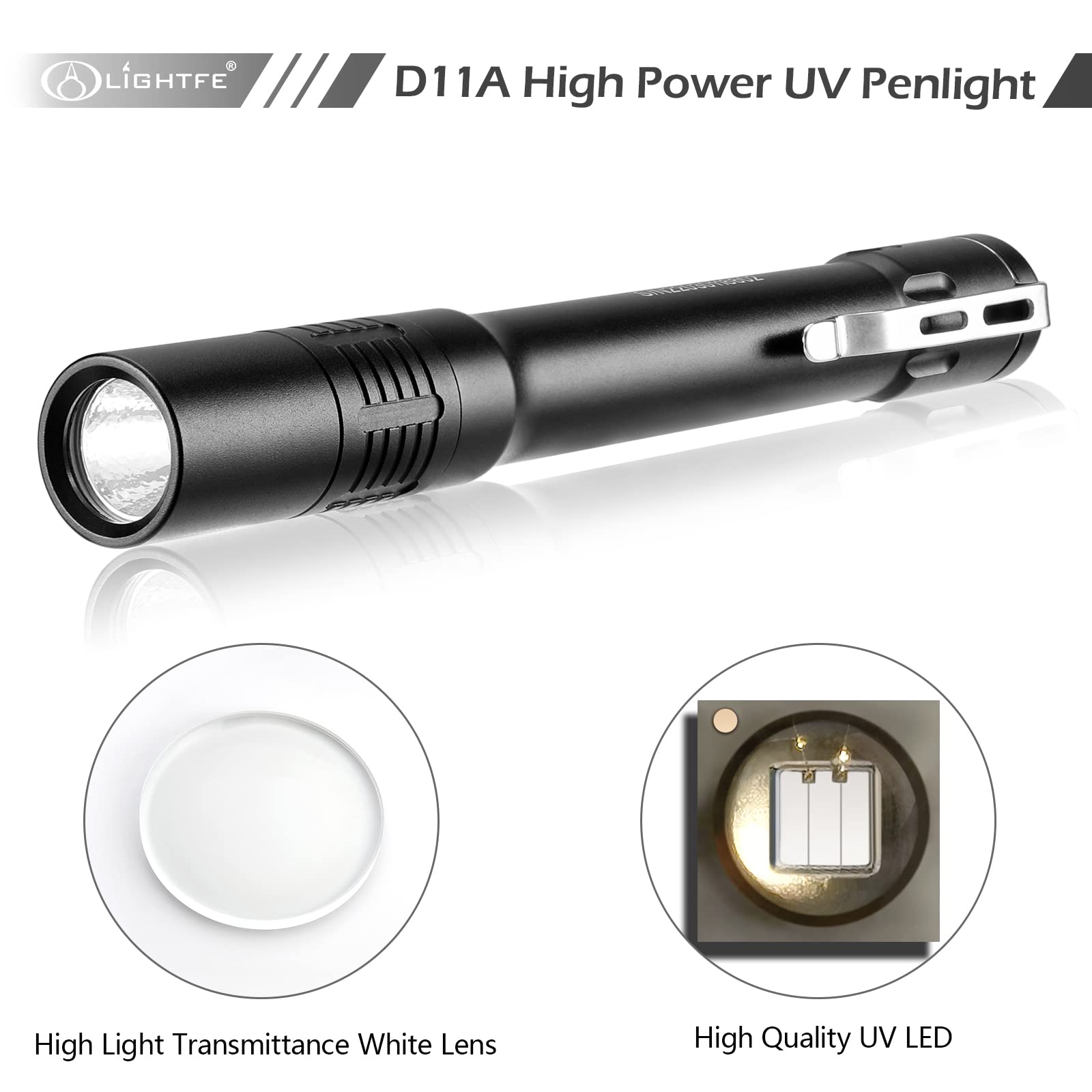 LIGHTFE Black Light D11 Ultraviolet Flashlight, 395nm, Aerospace Aluminum Alloy, UV Glue Curing, Pet Urine Detection