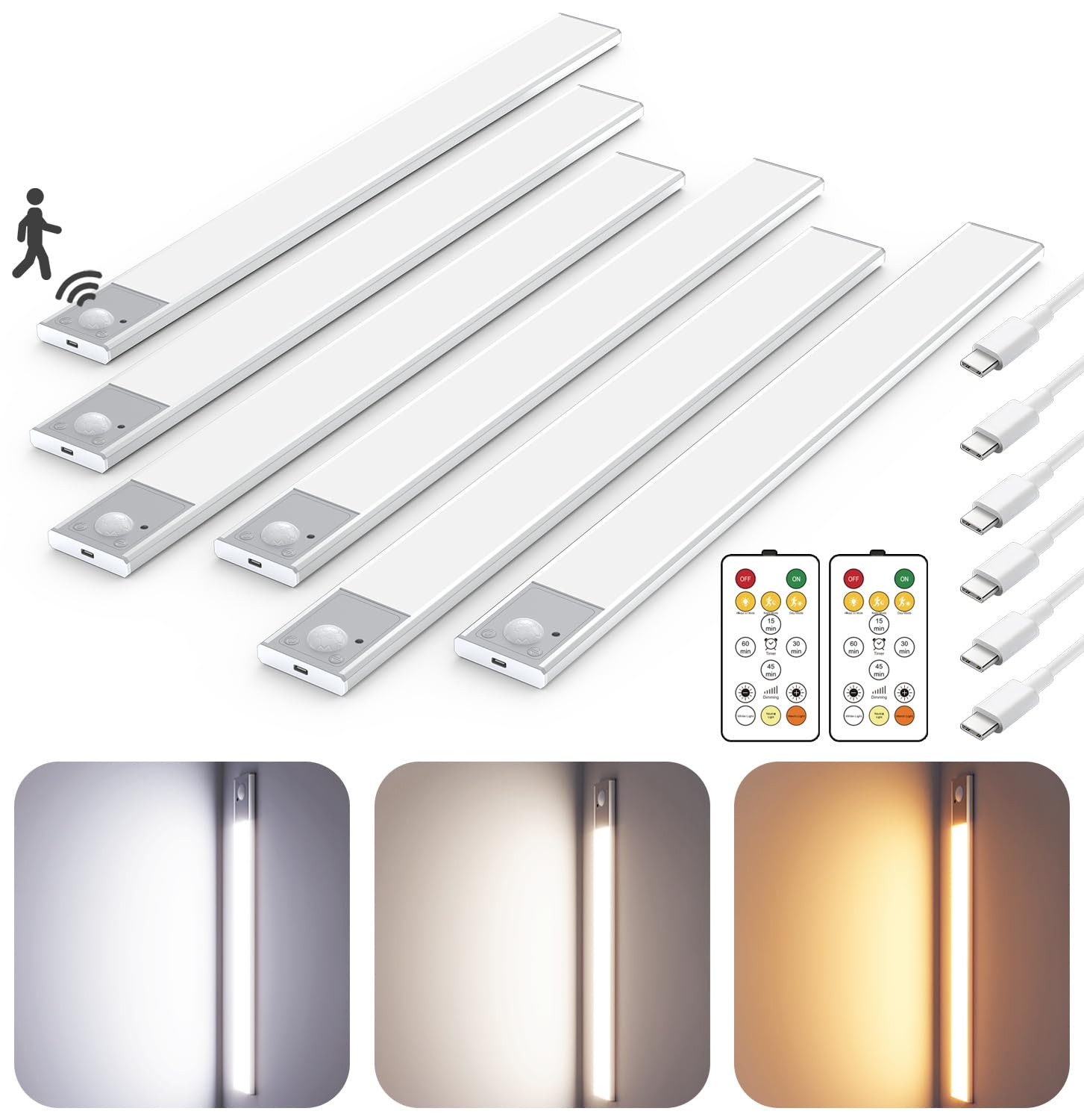 Skairipa 16in Ultra-Thin Wireless Under Cabinet Lighting, Aluminum, 3-Color-Temps, Rechargeable Motion Sensor, 6Pack, Silver