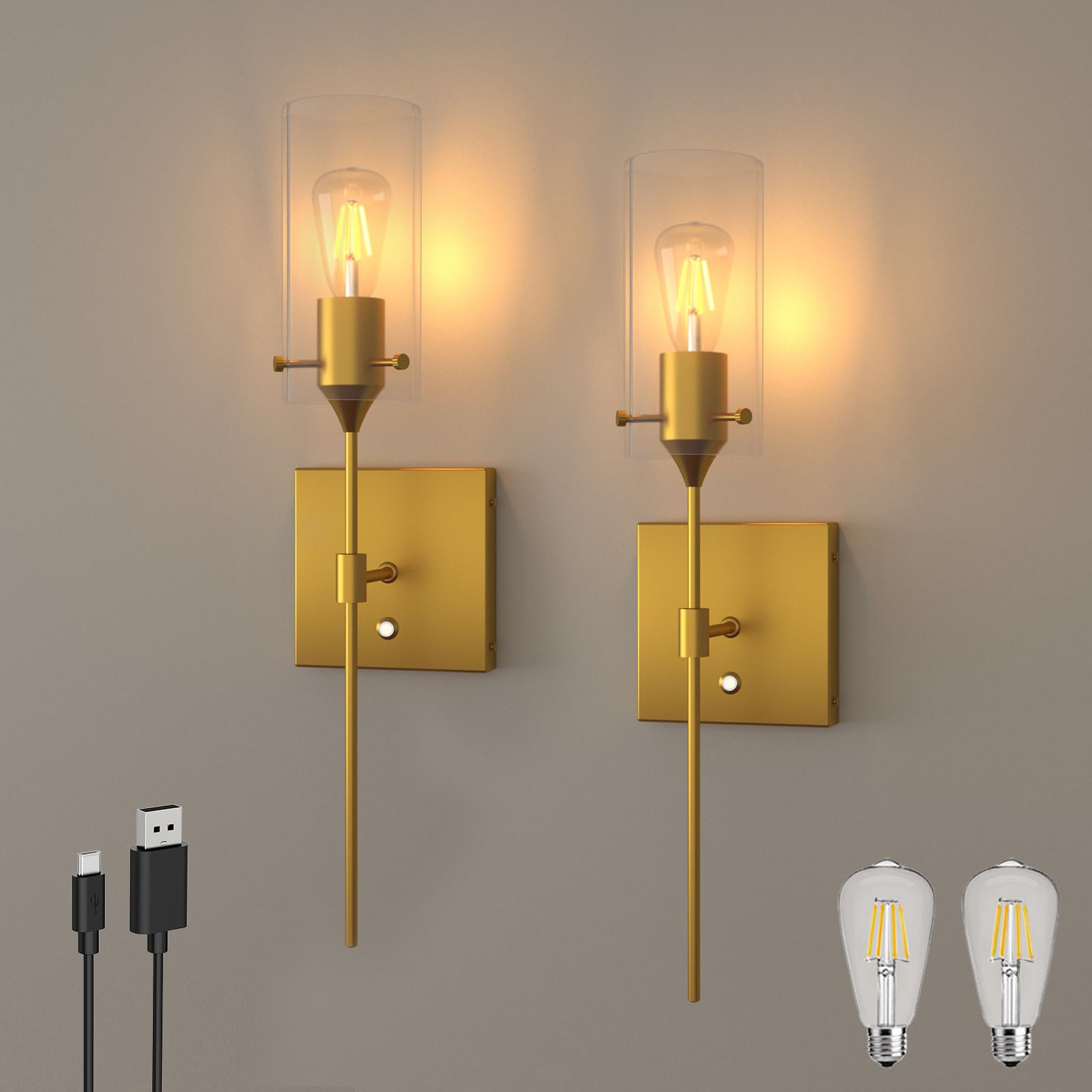 Thyfenno Dimmable Battery Operated Wall Sconce Set Of Two, Rechargeable Wall Lamp No Hardwire, Wireless Wall Mounted Light For Bedroom Bathroom Kitchen Vanity Mirror, Bulb Included