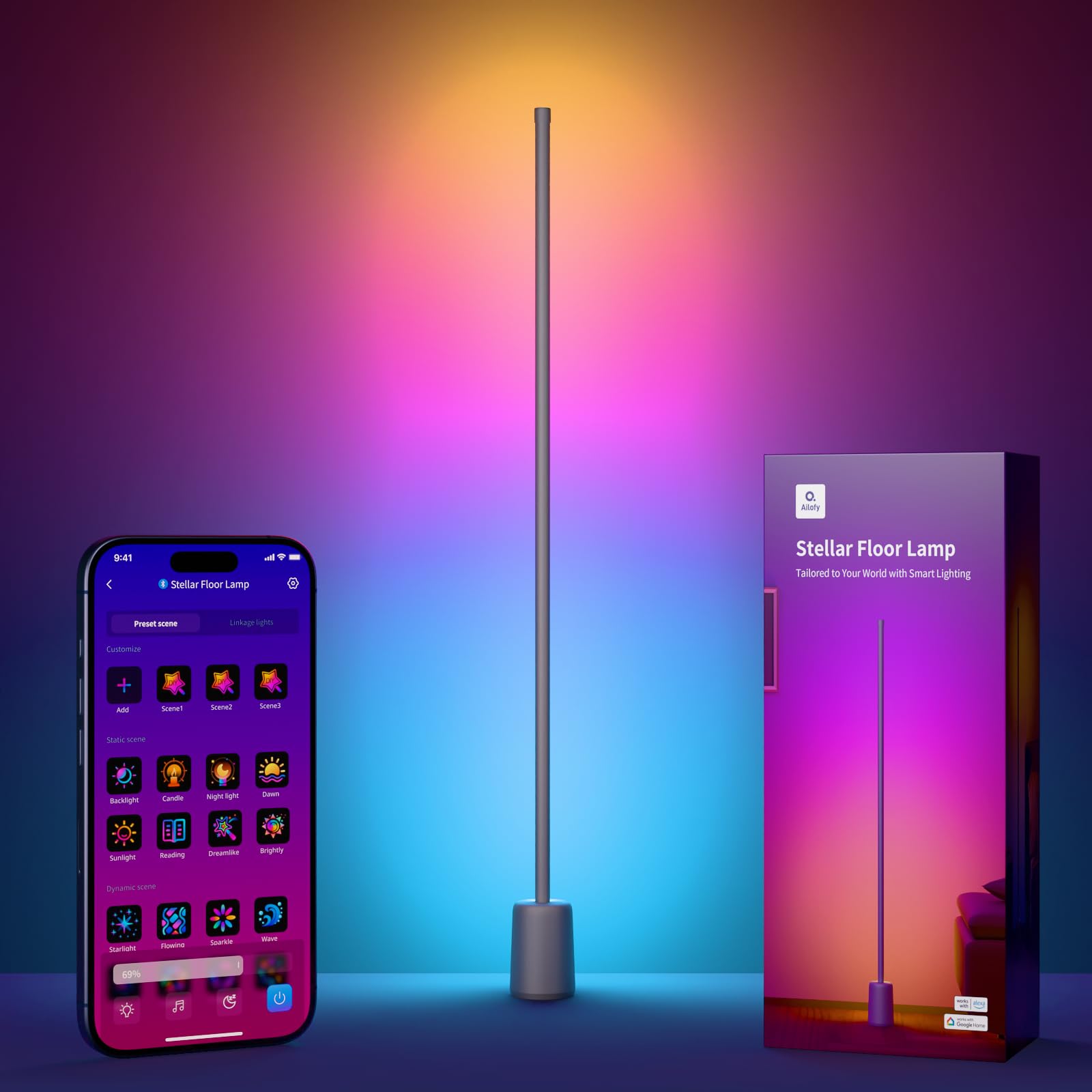 Ailofy RGBW Corner Floor Lamp, 1500lm, App Control, Metal, Silver Grey, Model FLV2