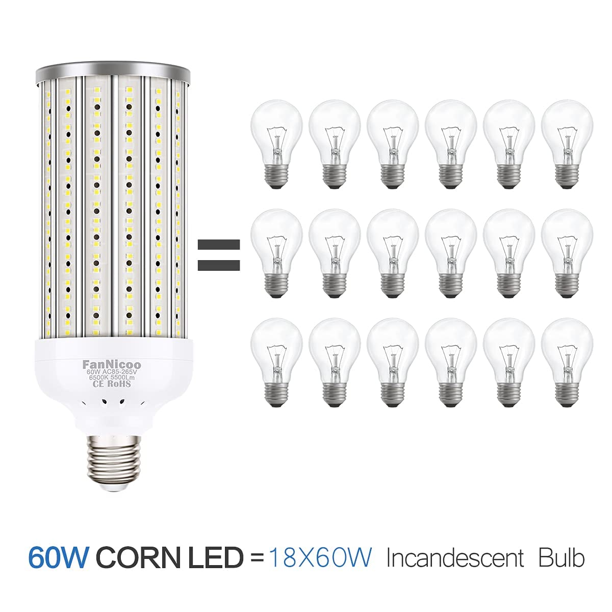 Fannicoo 2 Pack 500W Equivalent Led Corn Light Bulb 5500 Lumen 6500K 60W Large Area Cool Daylight White E26/E27 Medium Base For