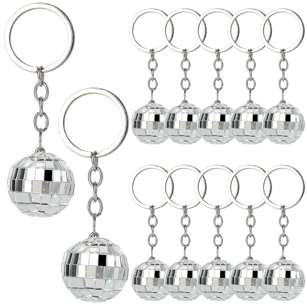 CRASPIRE 12Pcs Disco Ball Keychain Bulk Mirror Ball Key Chain Small Mini Silver Acrylic 1970s Retro Themed Hanging Pendant Charm