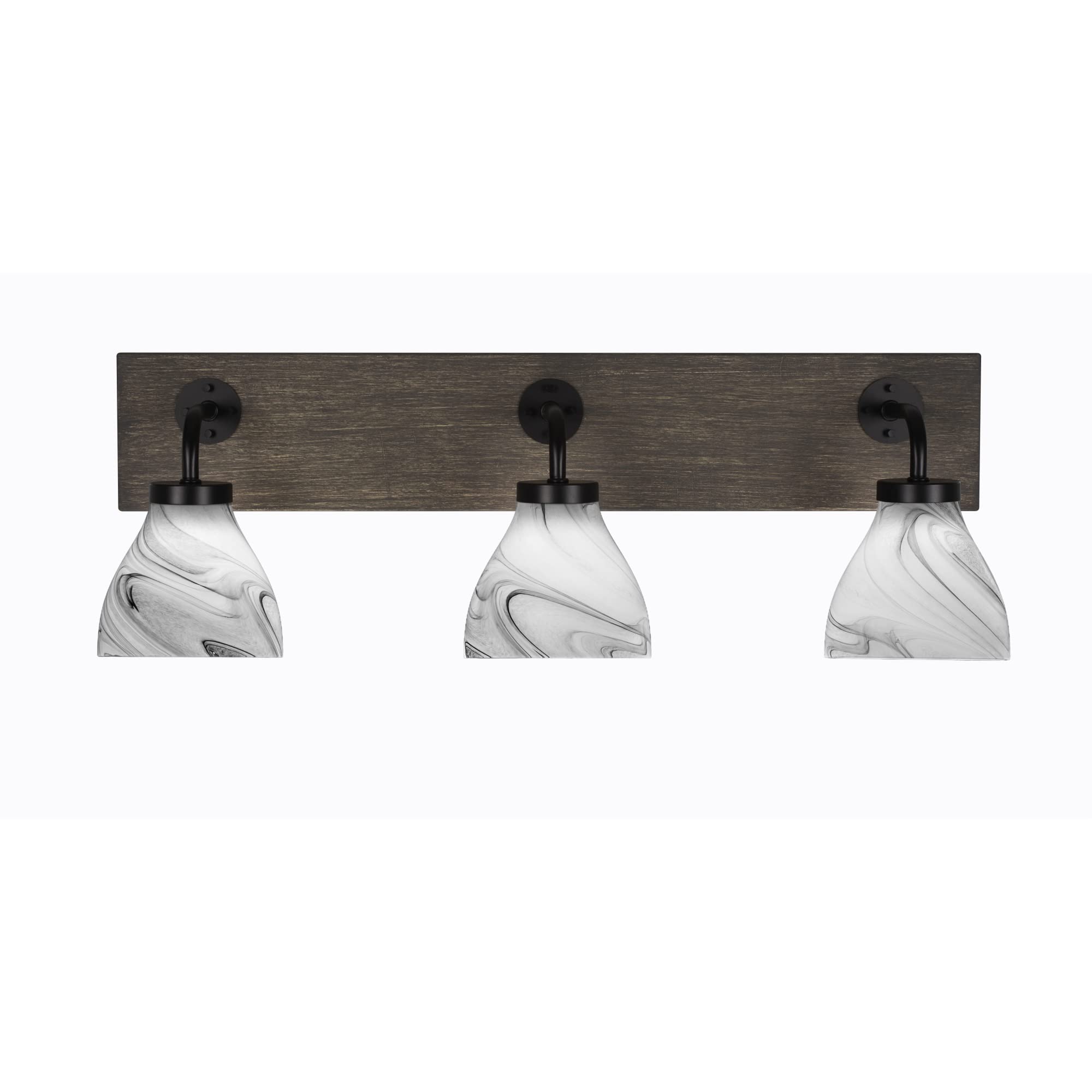 Oxbridge 3 Light Bath Bar In Matte Black & Painted Distressed Wood-Look Metal Finish With 6.25" Onyx Swirl Glass