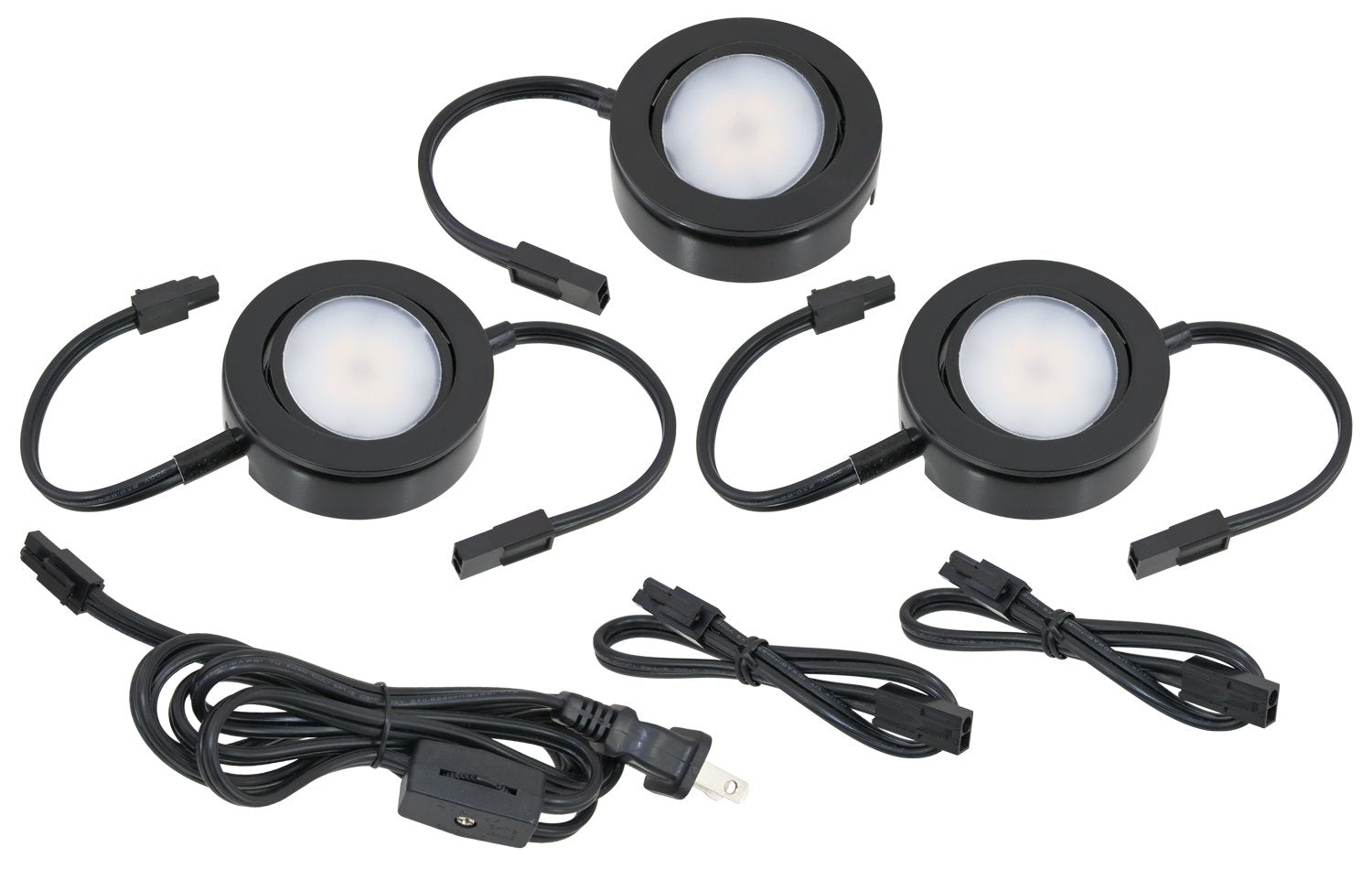 MVP Three Puck Kit with Roll Switch and 6 Foot Power Cord, Dimmable Swivel LED Puck Lights, Linkable, cETLus Listed, 2-3/4-Inch,