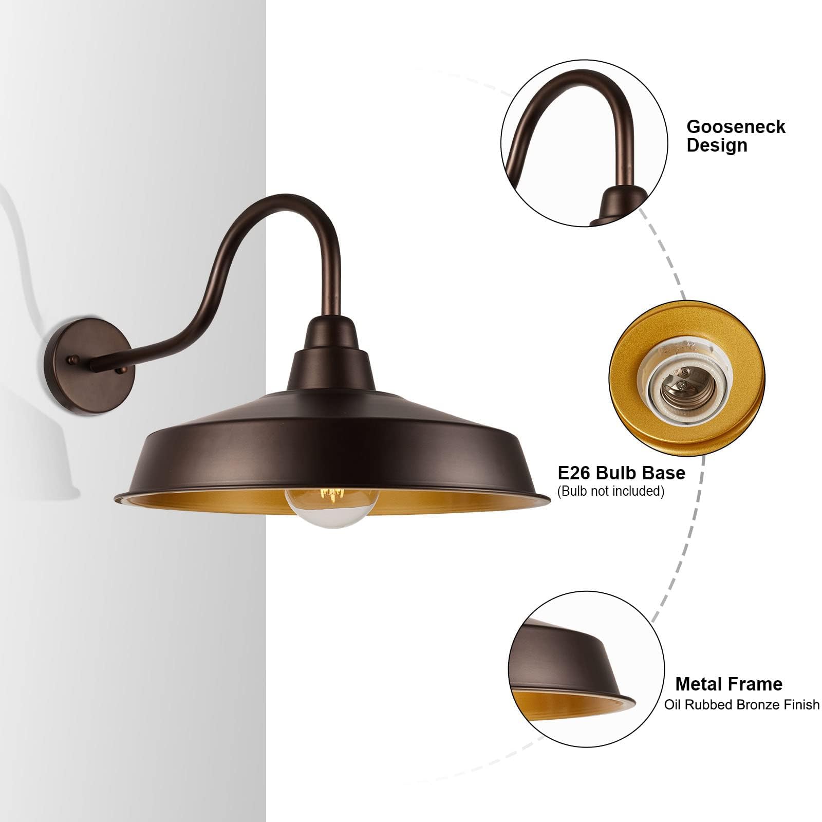 Diyel Gooseneck Barn Light Fixture, 16 Inch, Iron, Bronze & Gold, 3 Pack, Outdoor Wall Sconce for House, Garage, Entryway
