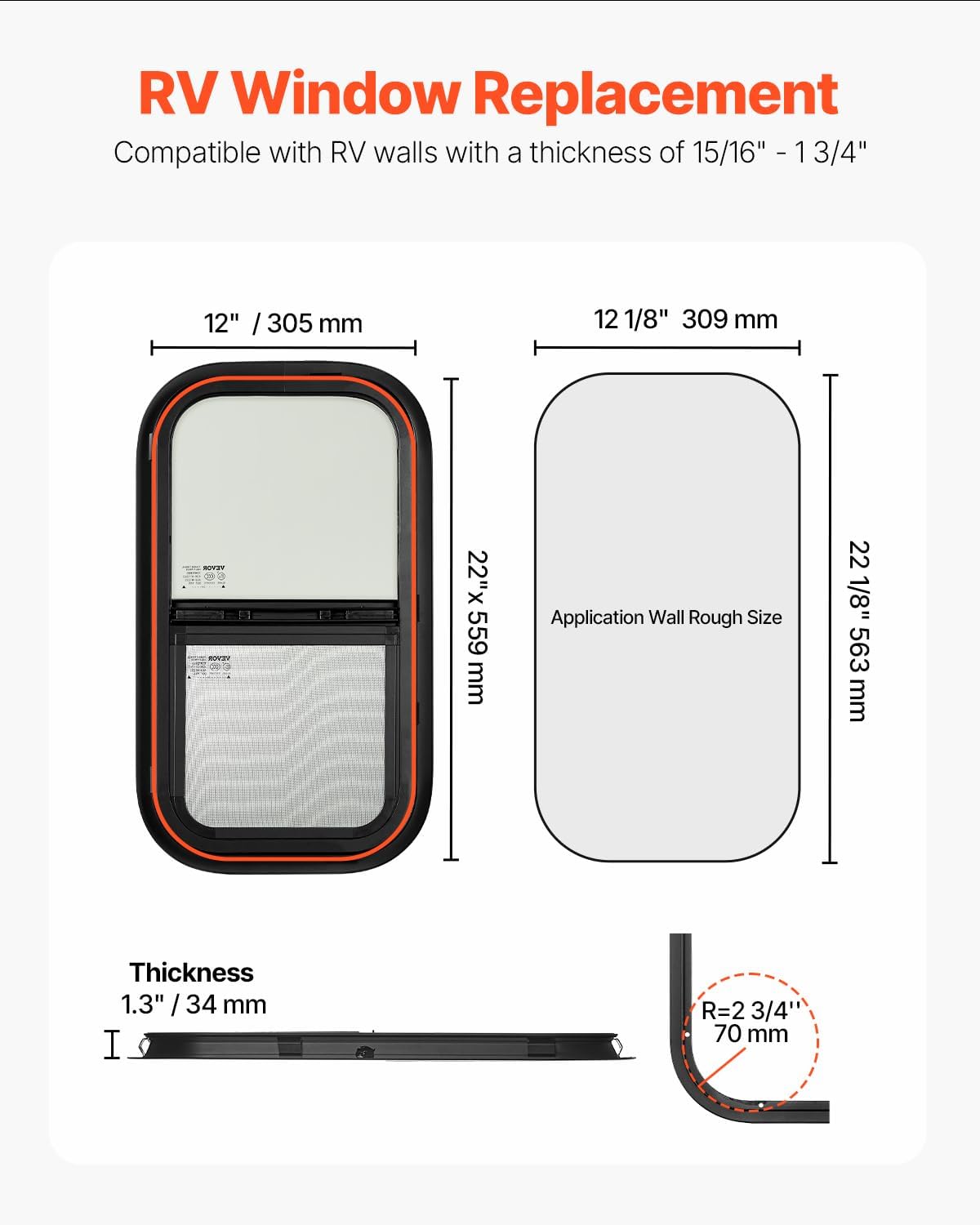 VEVOR Vertical RV Window, 12 W x 22 H Tinted Sliding RV Window with Net Screen & Trim Ring, Fit 15/16 - 1 3/4 Thickness Wall, RV
