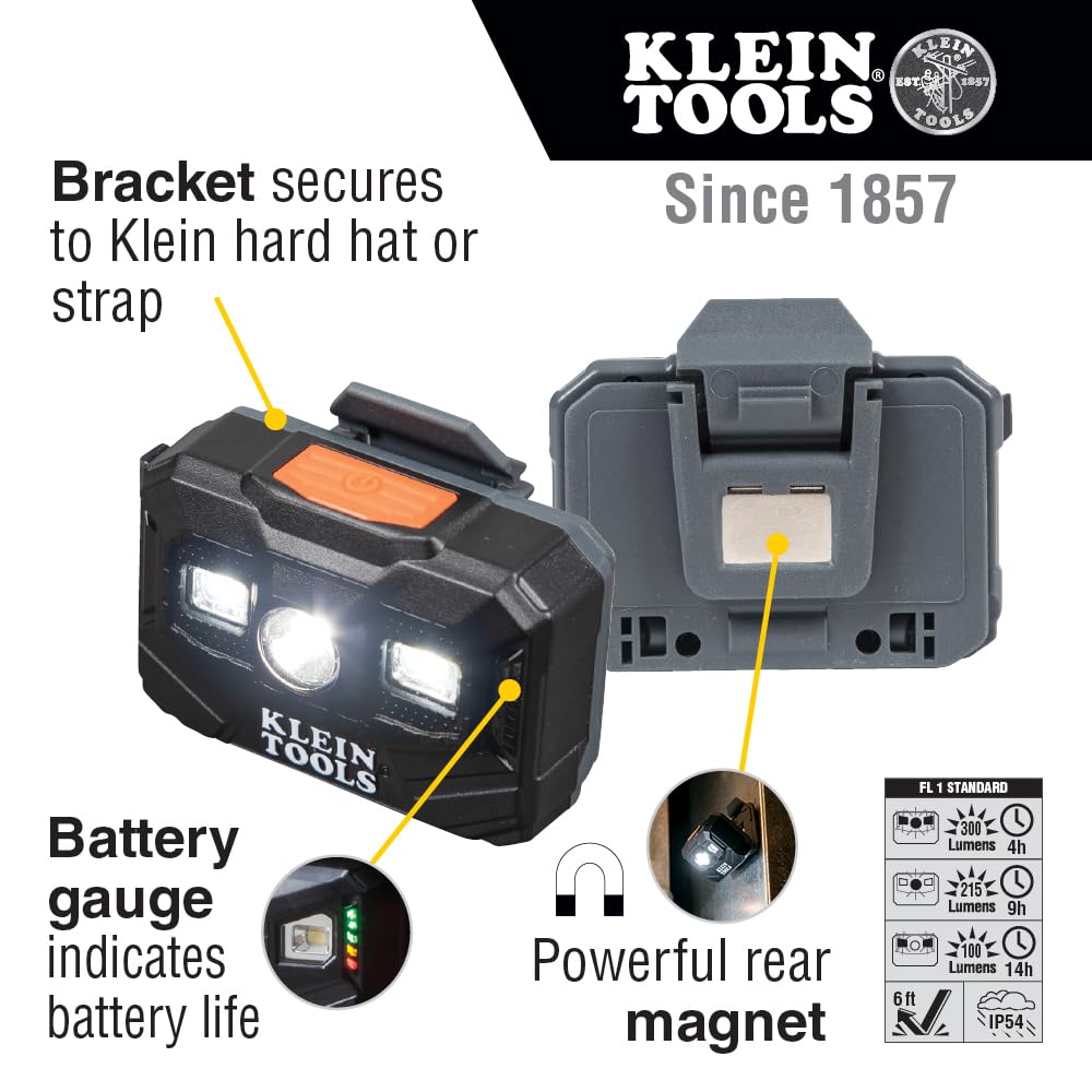 Klein Tools Rechargeable LED Headlamp 300 Lumens, Model 56062, All-Day Runtime, 3 Modes for Work and Outdoors