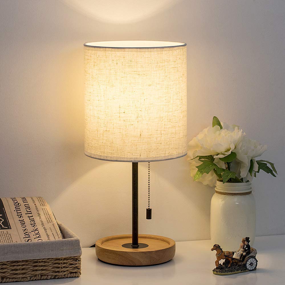 Haitral Modern Bedside Table Lamp With Linen Shade, Wooden Nightstand Lamp For Bedroom, Office
