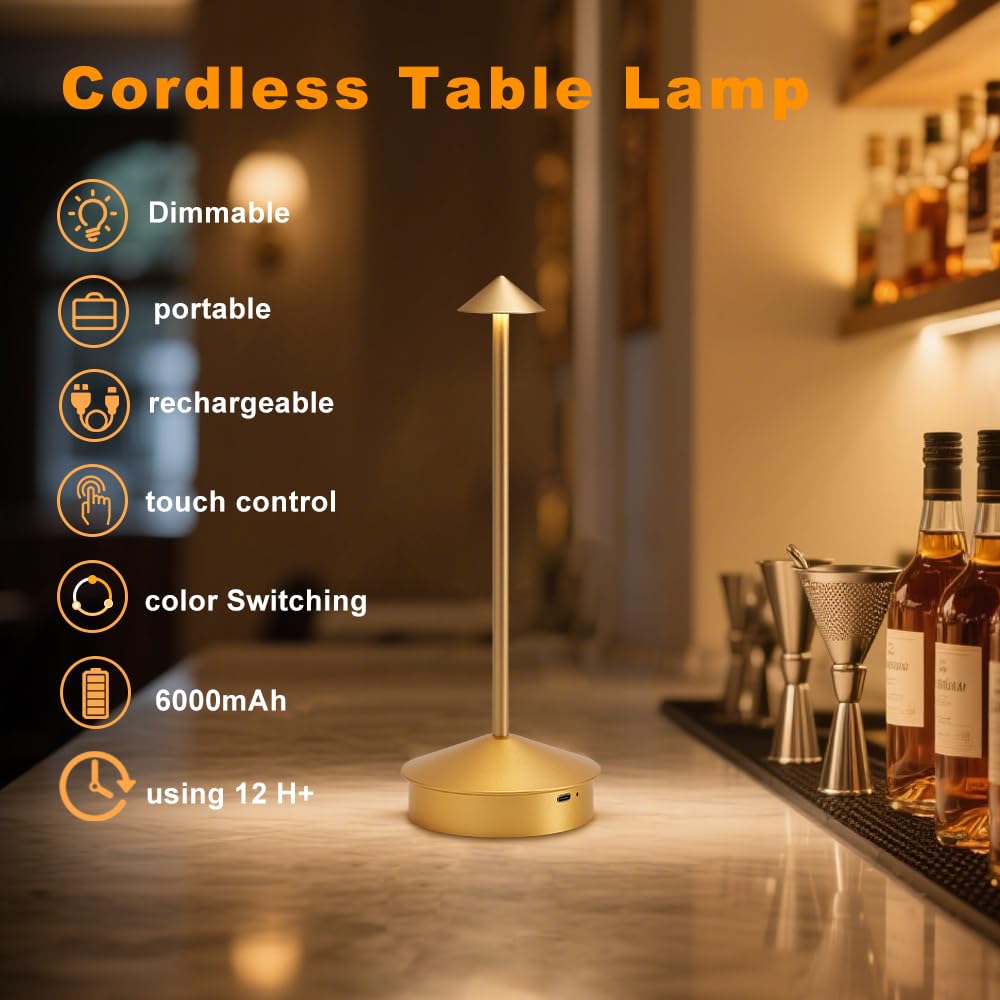 Simisand Cordless Table Lamp Set of 2, LED, 6000mAh Battery, 11.42x3.94x1.77in, Gold, Model 1809