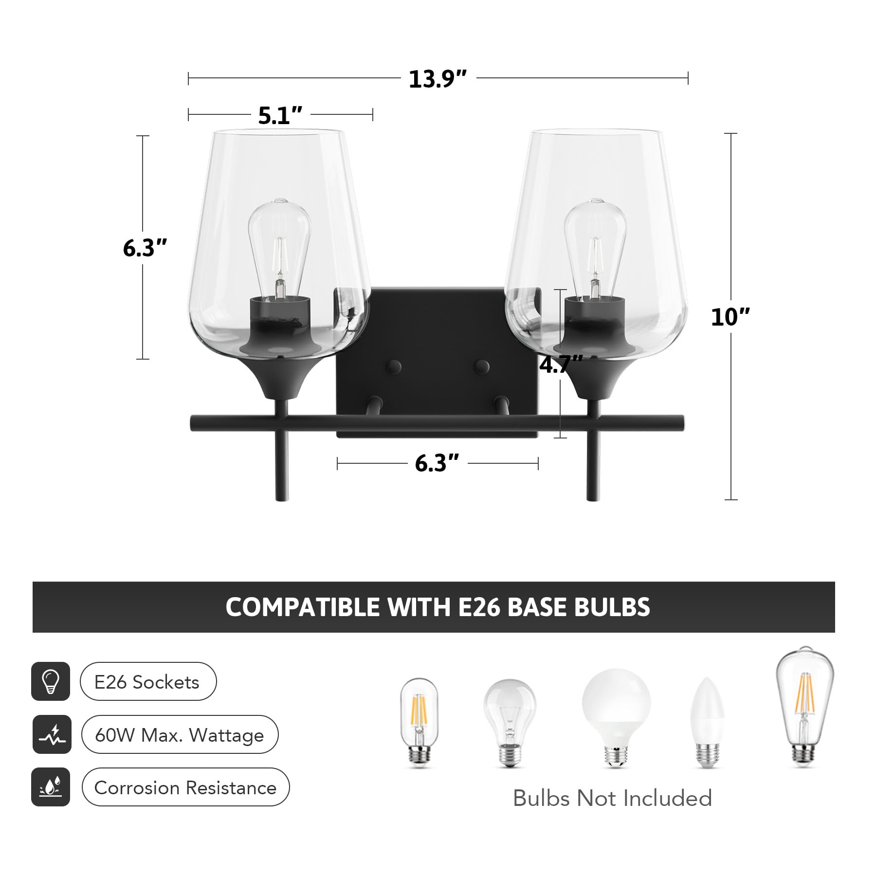 Vonluce Bathroom Vanity Light, 2 Light Bathroom Light Fixture Over Mirror, Bathroom Wall Lamp With Clear Glass, Modern Black Van