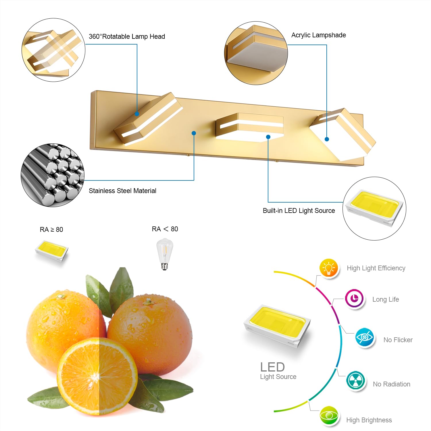 Sinerise Led Modern Bathroom Vanity Light Fixtures (2-Light, 15.5-Inch, Dimmable), Matte Gold Modern Acrylic Bathroom Wall Light