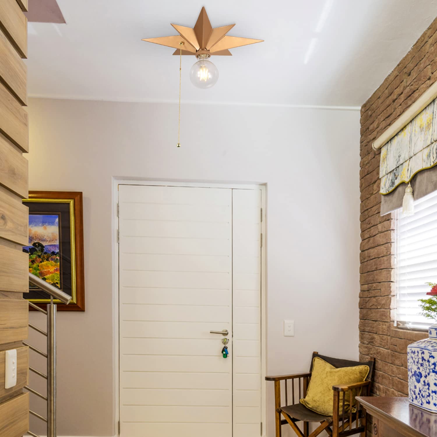 Airposta Flush Mount Ceiling Light Fixture, Brass Star Design, Industrial Metal, Pull Chain, Ideal For Hallway, Entryway, Kitchen, Bathroom