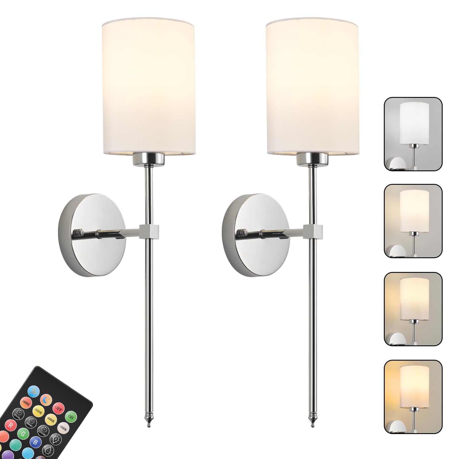 KARTOOSH Battery Operated Wall Sconces Set of Two, Remote Control, Dimmable, 23.6 Inch, Chrome, Model ZM213B