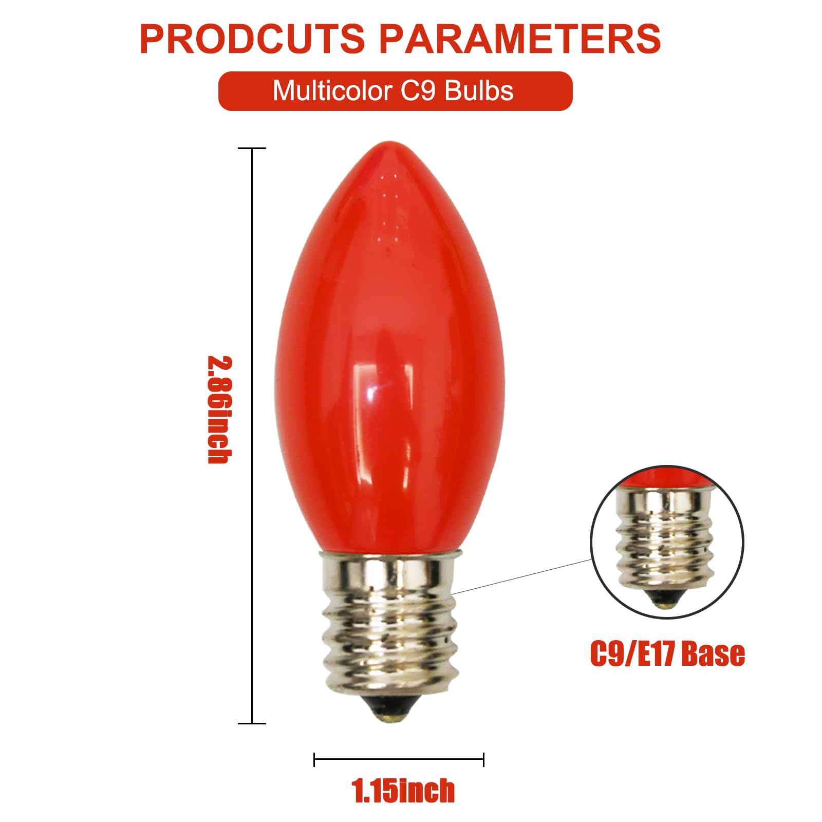 25 Pack Christmas Red Replacement Bulb, C9 Ceramics Red Christmas Light Bulb For Indoor Outdoor Patio Christmas Halloween Party String Lights, 7 Watt Red Night Light, C9/E17 Intermediate Base