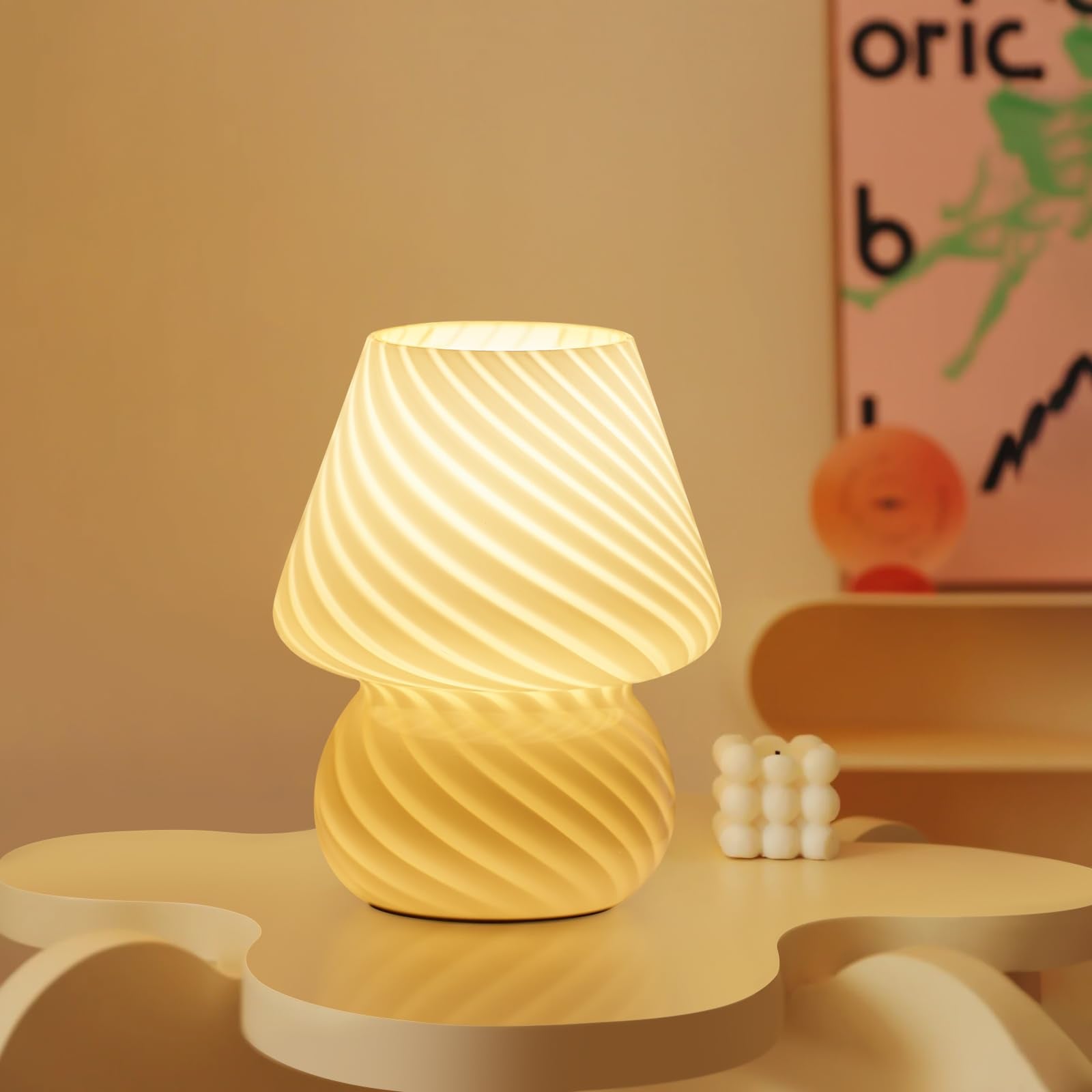 ONEWISH Mushroom Lamp-Small Bedside Table Lamp with Striped Glass, Nightstand Night Light for Bedroom Living Room, 3000K 6.5W Bu